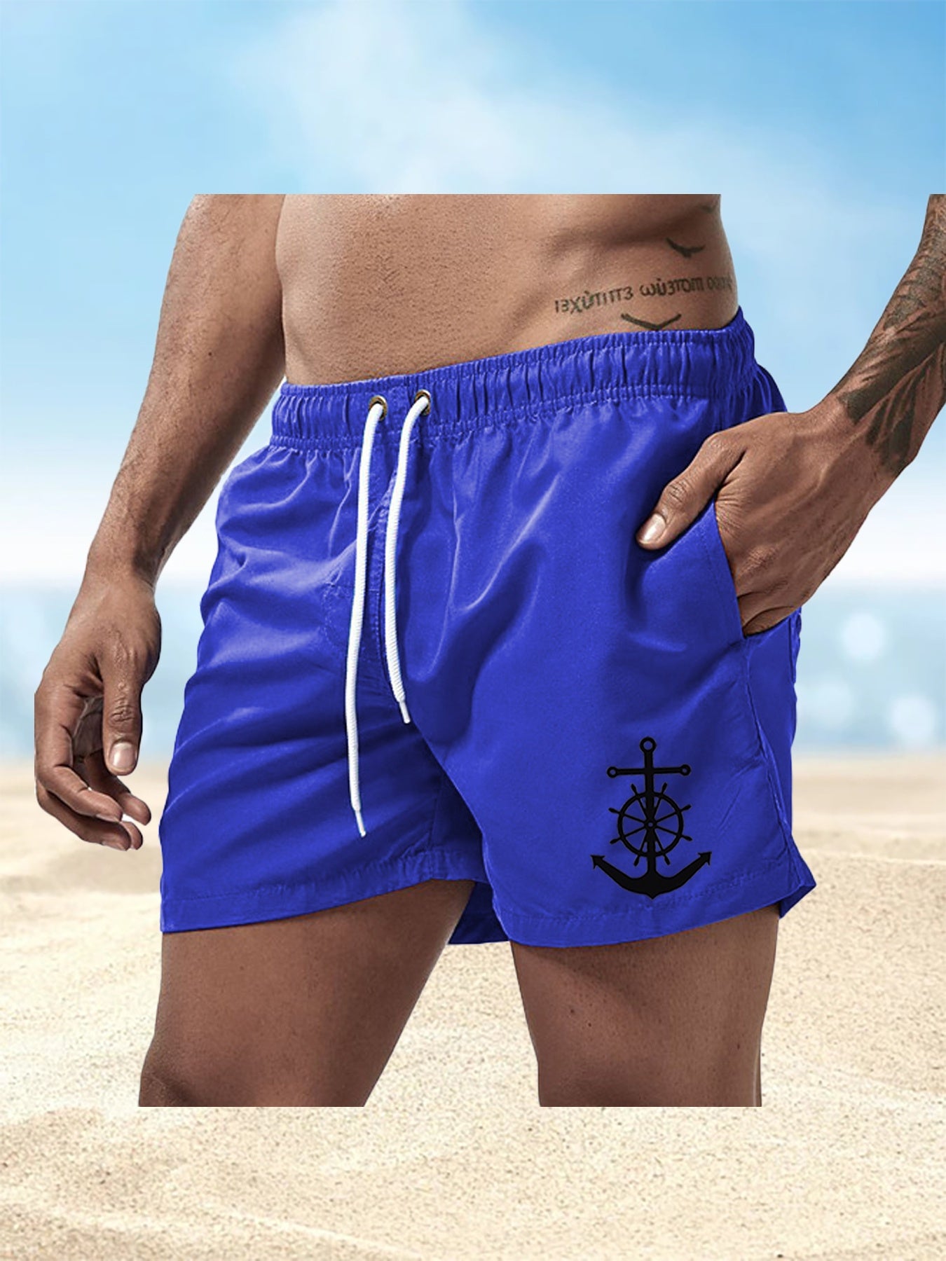 Men's Quick-Dry Swim Shorts - Navy Blue Board Shorts with Anchor design, Elastic Drawstring Waist - Lightweight Beach Swim Trunks for Surfing, Swimming, Gym, Vacation - Fast-Drying Quick Suit for Ocean & Pool Activities, Swim - SeviSa