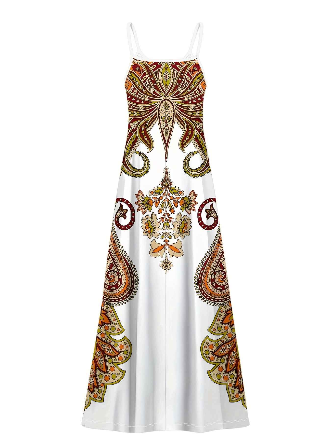 Elegant Women'S Sleeveless Cami Maxi Dress with Vibrant Paisley & Floral Print - Loose Fit, Crew Neck, Summer Casual Wear, Polyester, White with Colorful Pattern