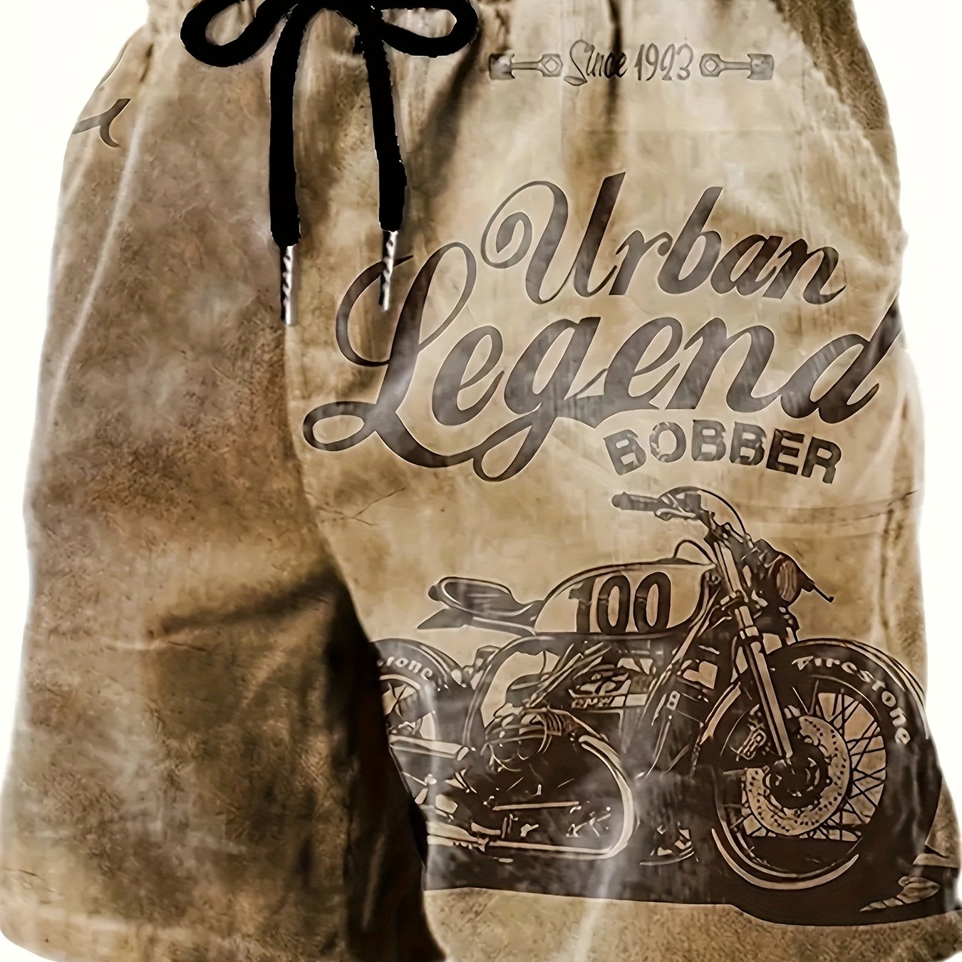 Men's Retro Motorcycle Print Shorts | Urban Legend Bobber | Vintage Biker Graphic | Polyester with Drawstring Waistband | Machine Washable | Casual Summer Wear, Motorcycle Apparel | Retro Bobber Design | Smooth Texture Fabric - SeviSa