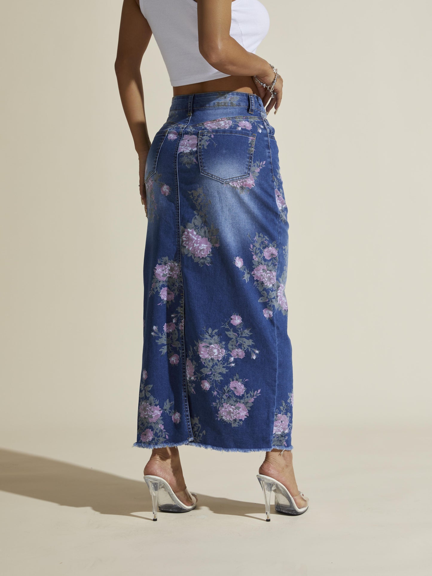Floral Print Elegant Vintage Style Split Hem Whiskering Maxi Denim Skirt, Women's Denim Jeans & Clothing - SeviSa