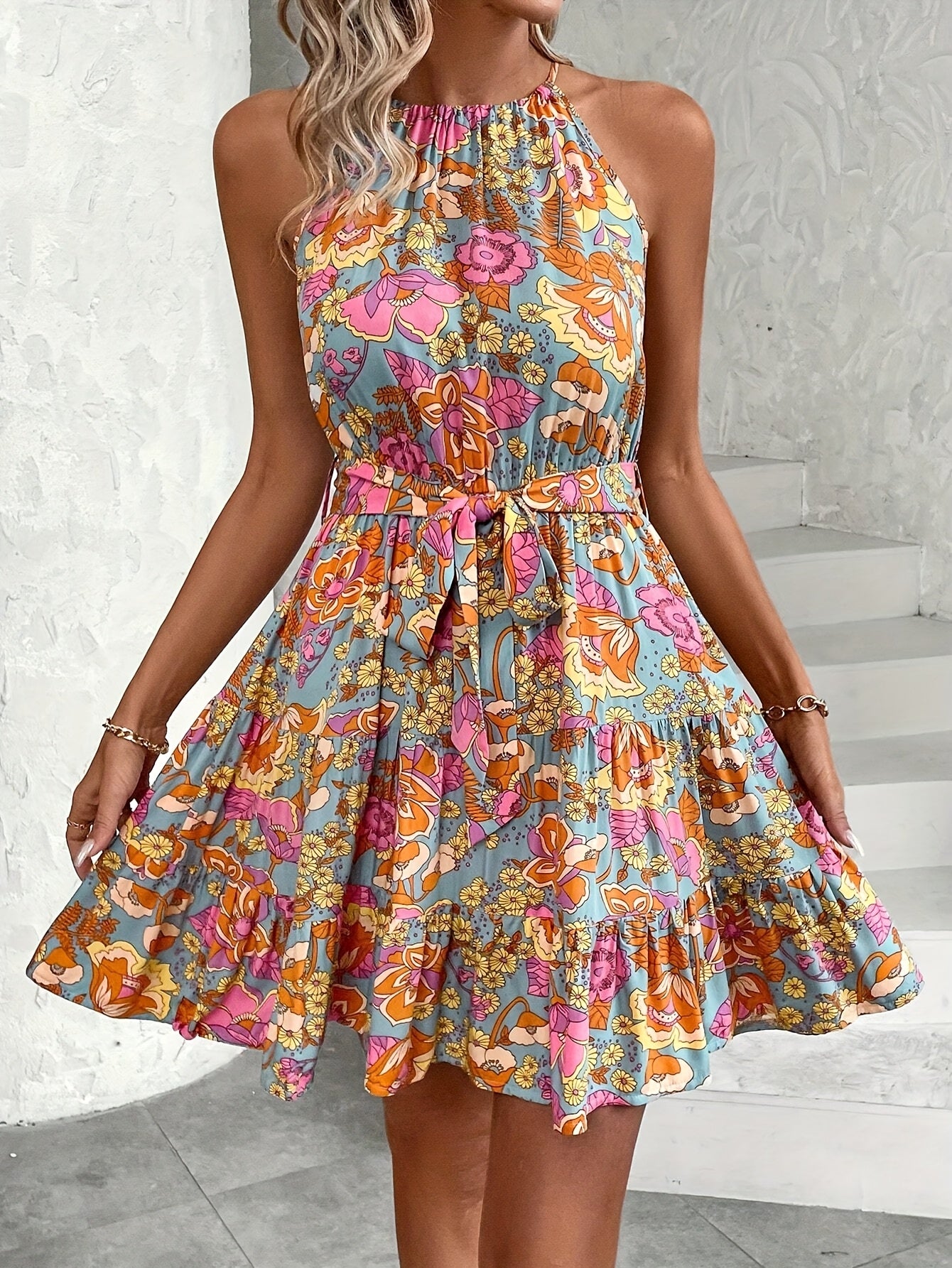Vibrant Floral Print Off-Shoulder Midi Dress with Elastic Waist and Ruffled Hem - Casual Summer Sun Dress for Women, A-Line Silhouette, Lightweight Polyester Fabric, Perfect for Beach Outings or Stylish Evenings, Casual Outin - SeviSa