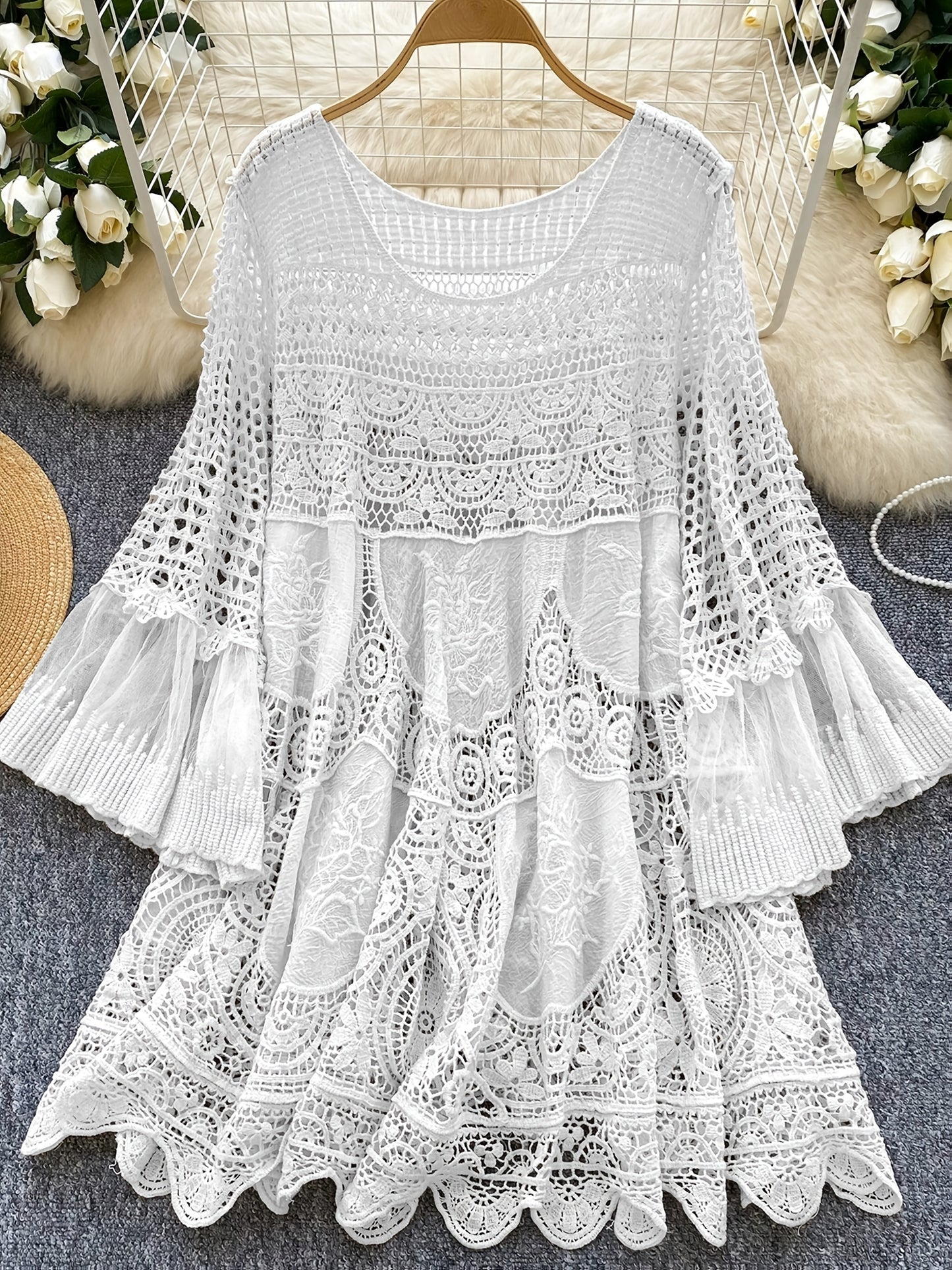 Women's Bohemian Vintage Lace- Dress - Long Sleeve A-Line Midi Dress with Crochet Cut-Out Details, Semi-Sheer Round Neck Boho Dress for Casual & Formal Occasions, Cute Dresses, Special Occasion Wear, Intricate Crochet Design - SeviSa