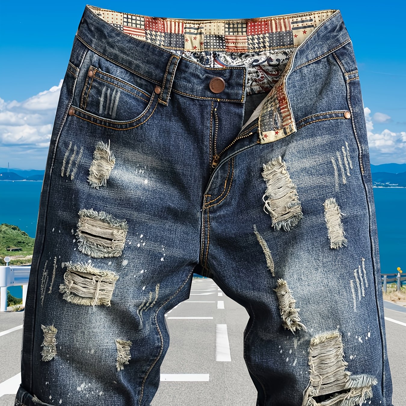 Men'S Plus Size Slim Fit Denim Shorts - Casual Ripped Jeans Style, Stretch Fabric, Solid Color, Mid-Rise, Ankle-Length with Button Closure, Summer Essential, Relaxed Fit Shorts | Distressed Denim Shorts | Comfortable Denim Sh - SeviSa
