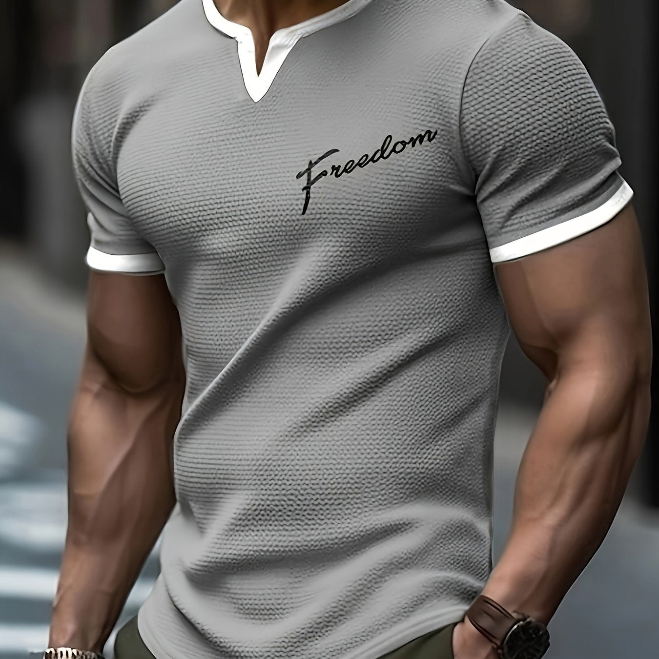 Men's Alphabet Print "FREEDOM" Waffle Knit T-shirt, V-neck And Short Sleeve Tee, Tops Perfect For Summer Fitness And Outdoors Activities - SeviSa