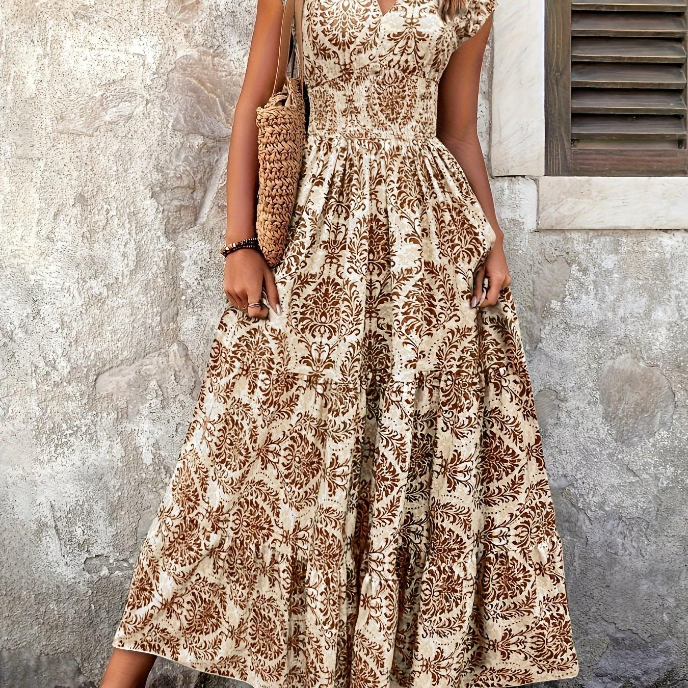 V-Neck Ruffled Hem Maxi Dress - Summer Beach Skirt with Floral Print, Cinched Waist & Flared Skirt, Lightweight Polyester for Adults, Beach Dresses - SeviSa