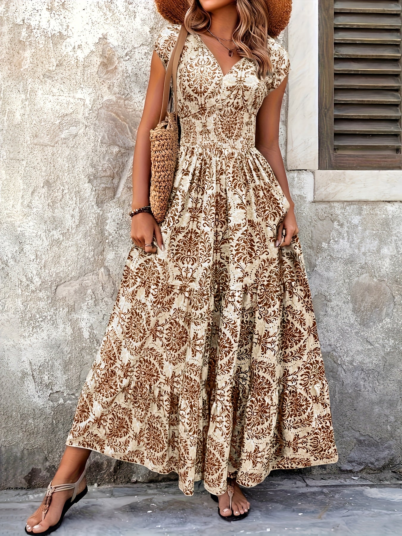 V-Neck Ruffled Hem Maxi Dress - Summer Beach Skirt with Floral Print, Cinched Waist & Flared Skirt, Lightweight Polyester for Adults, Beach Dresses - SeviSa