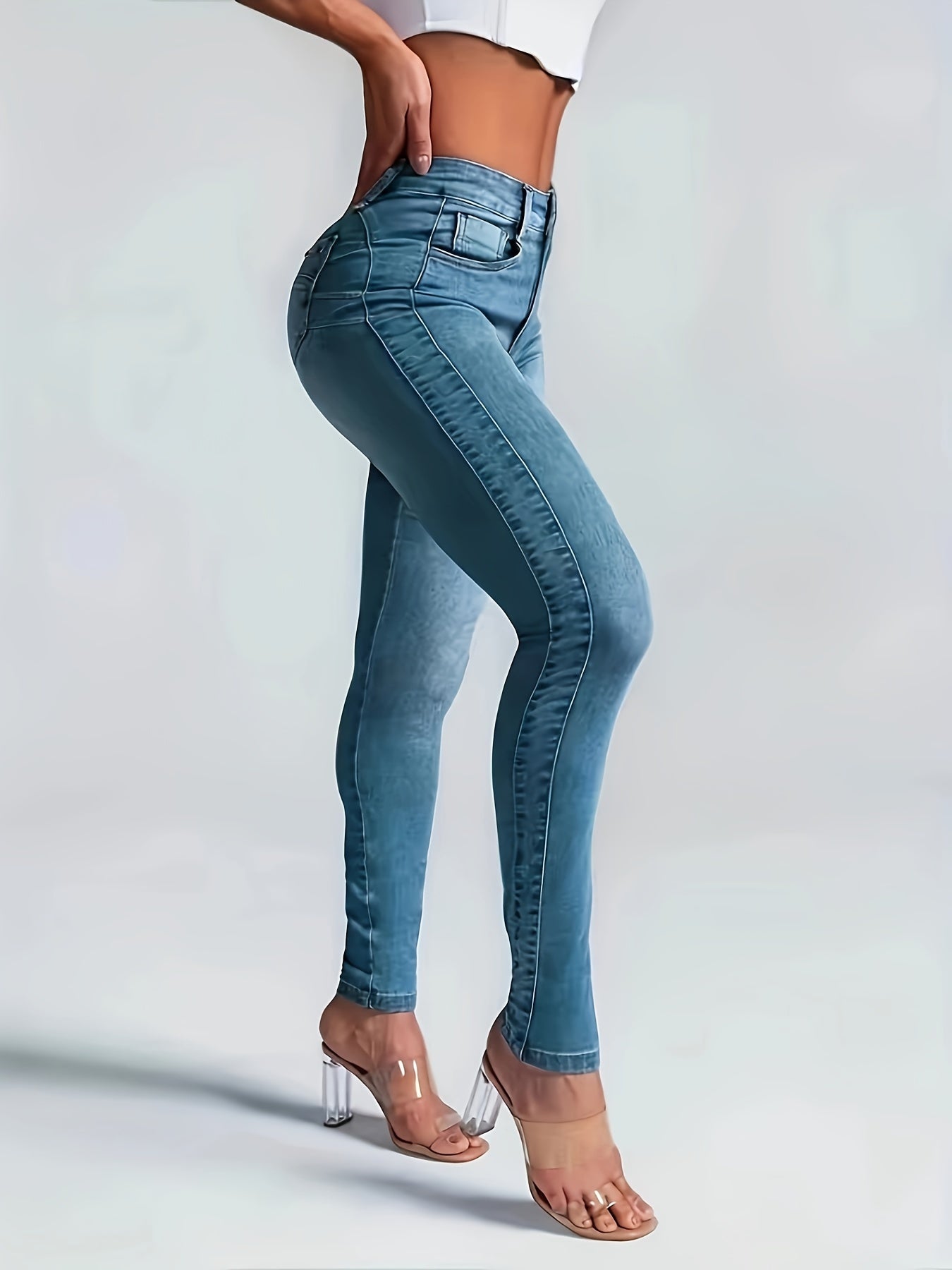Women's Sexy High-Waisted Skinny Jeans, Stretch Denim, Plain Casual Fashion Pants, Light Blue For Fall - SeviSa