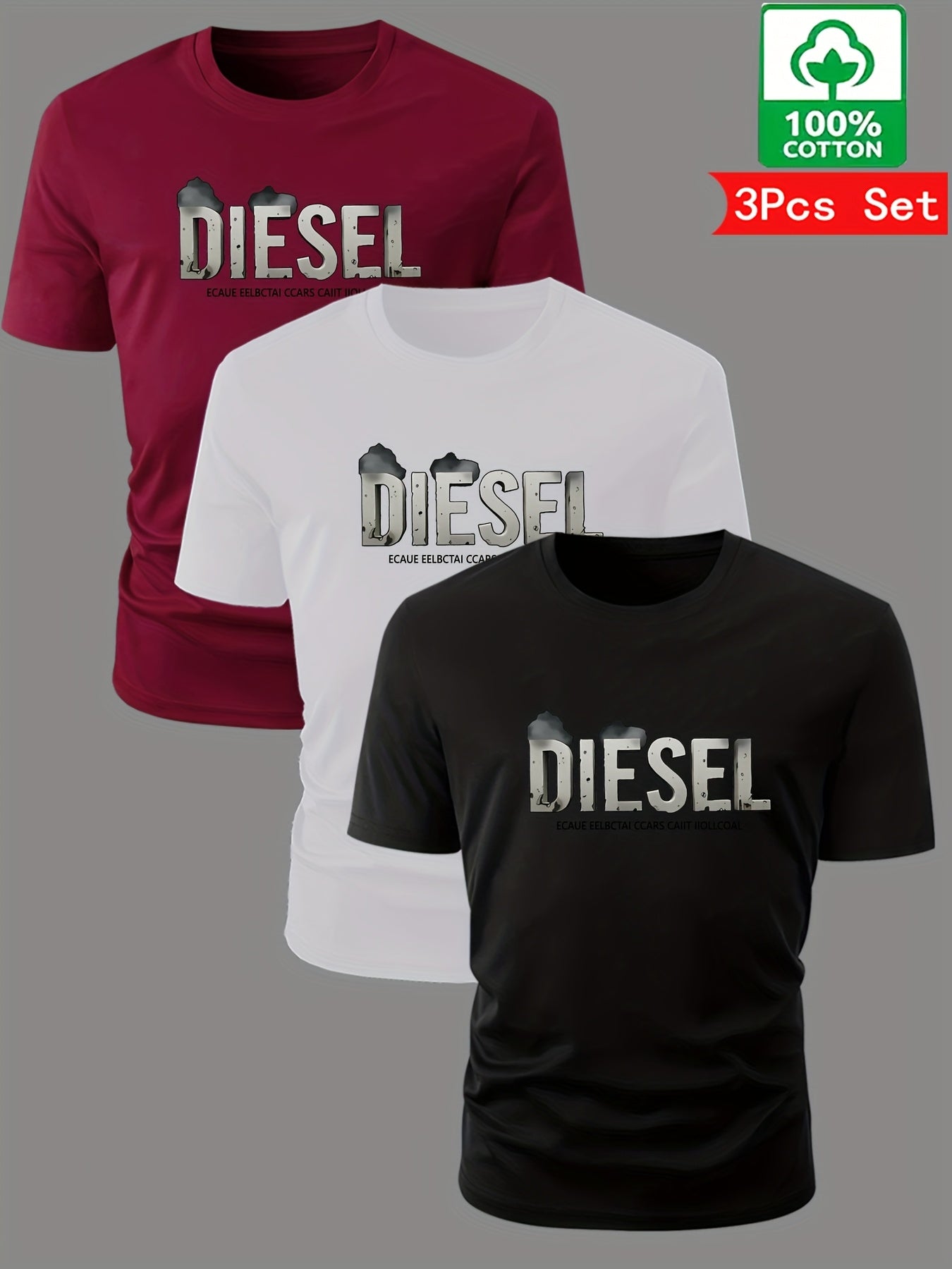 3pcs Men'S Diesel Graphic T-Shirts - 100% Cotton Breathable Summer Short Sleeve Tops, Regular Fit Round Neck Casual Tees with Bold Diesel Logo for Outdoor & Casual Attire, Machine Washable, Everyday Tshirt, Bold Graphic Tee, - SeviSa