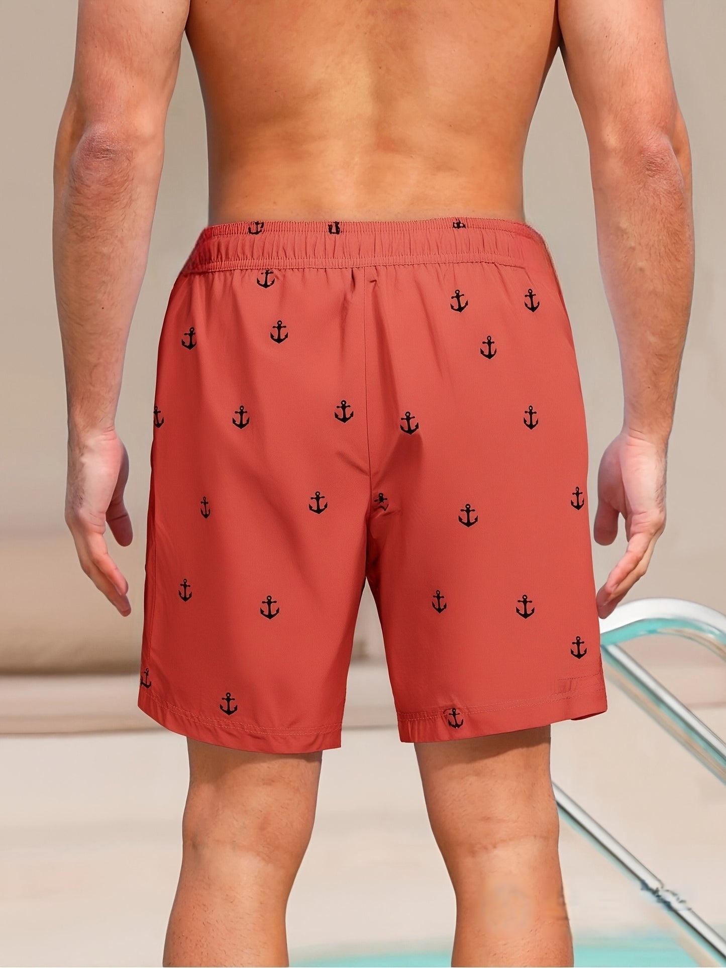 Men'S Plus Size Casual Beach Shorts - Double Layer, Quick-Dry, Drawstring Waist, Print Anchor Design, Red, Perfect for Tropical Vacations & Summer Sports, Beach Short - SeviSa