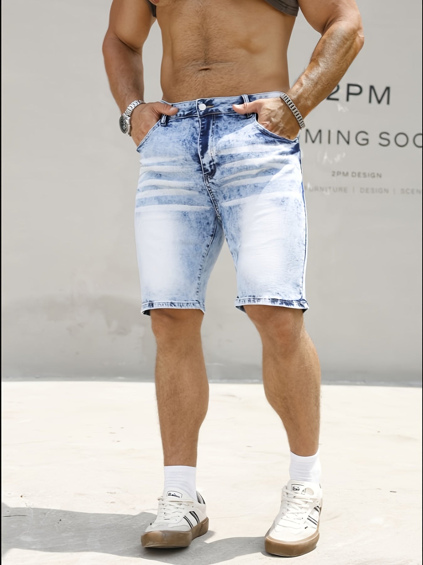 Plus Size Men's Heavy-Distressed Stretch Denim Shorts - Slim Fit Casual Summer Shorts with Pockets, Machine Washable, Blue & White Washed Design, Comfortable Wear, Durable Fabric, PLUS SIZE - SeviSa