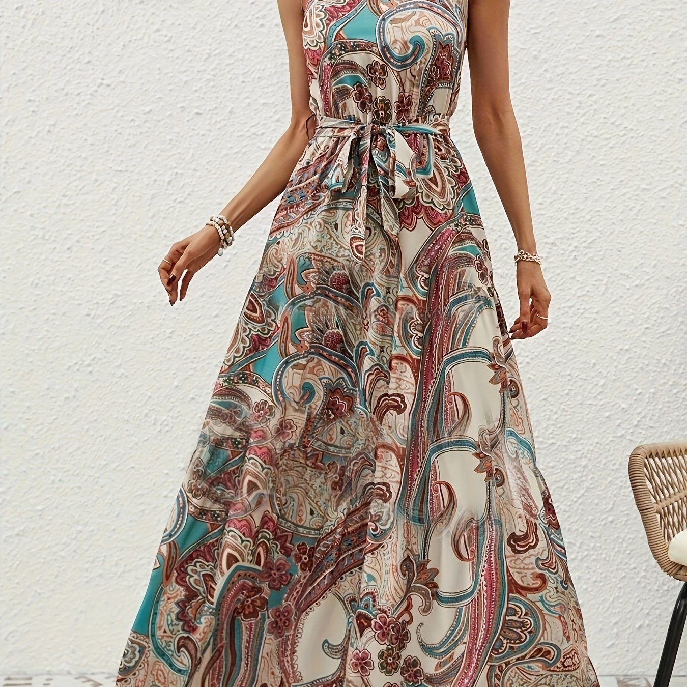 Elegant Bohemian Maxi Dress with Lace-Up Detail - High-Waisted, Sleeveless, Floral Print, Light Brown and Blue, Perfect for Adult Women, All-Season Versatile, Adult Women'S Dress|Floral Print Dress|Laceup Detail - SeviSa
