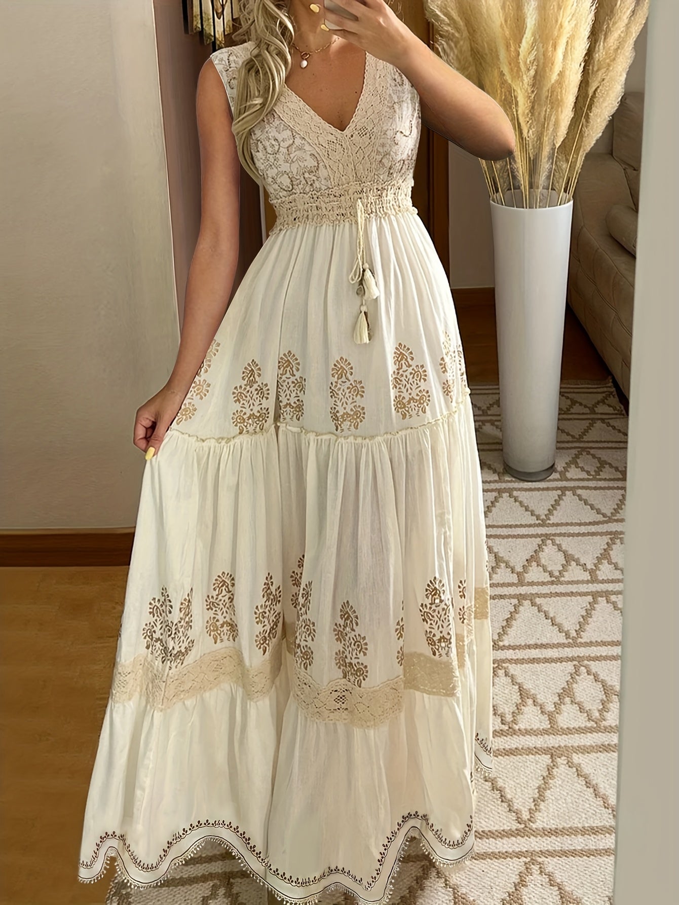 Vintage Floral Lace V-Neck Flare Sleeve Tiered Maxi Dress - Lightweight Breathable Non-Stretch Fabric, Hand Wash Only, Spring Summer Fall Women's Casual & Formal Dress, Lace Dress, Seasonal Fashion, Intricate Embroidery, Vaca - SeviSa