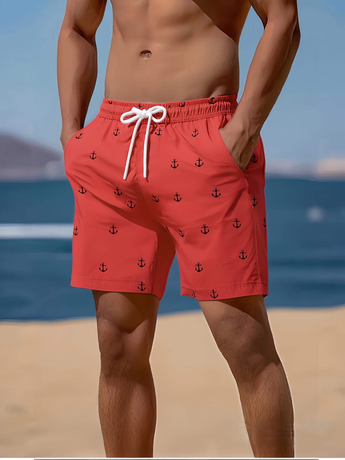 Men'S Plus Size Casual Beach Shorts - Double Layer, Quick-Dry, Drawstring Waist, Print Anchor Design, Red, Perfect for Tropical Vacations & Summer Sports, Beach Short - SeviSa