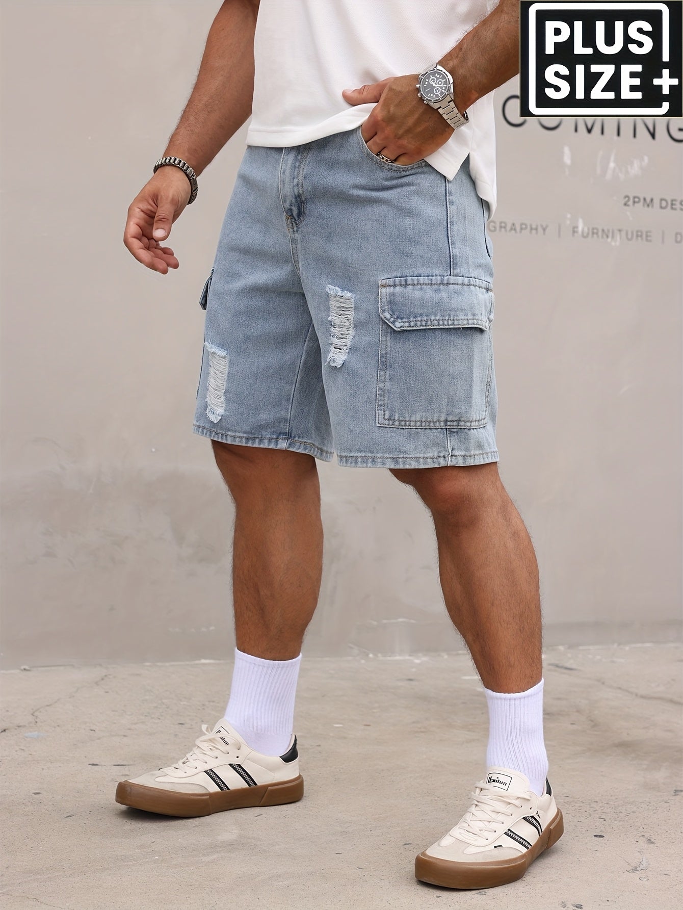 Men's Relaxed Fit Denim Cargo Shorts with Elastic Waistband & Side Pockets - Machine Washable Casual Workwear Style, Solid Color Loose Comfort for Casual Attire, Denim Shorts, Outdoor Activities, Utility Style, Sturdy Constru - SeviSa