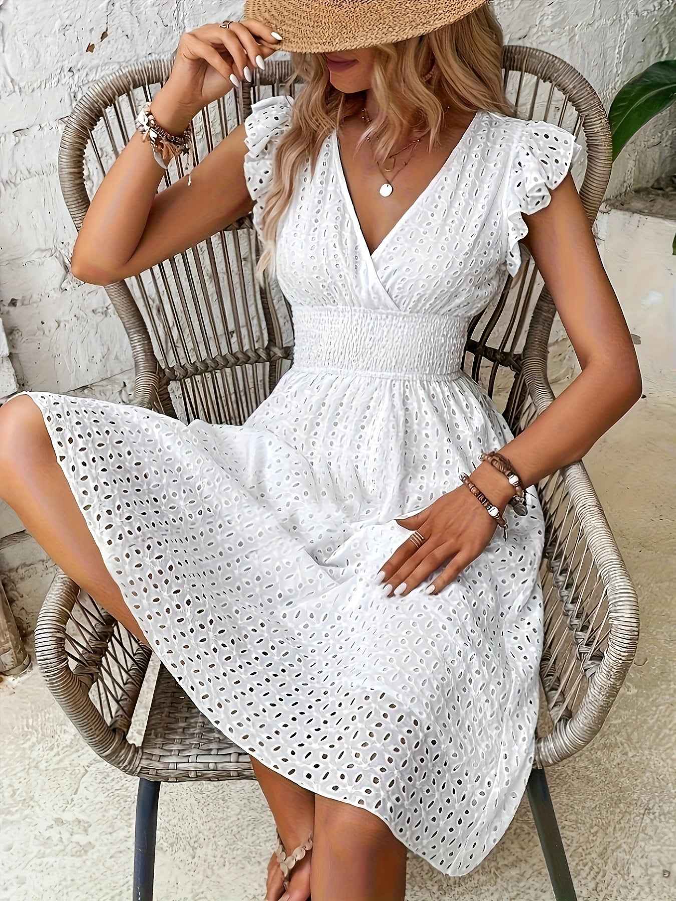 Elegant Ruffle Sleeve V-Neck Dress with Tiered Hem - Navy Blue, Knee-Length, Perfect for Spring & Summer, Women'S Fashion, Casual Elegance | Tiered Hem Dress | Ruffle Sleeve Dress