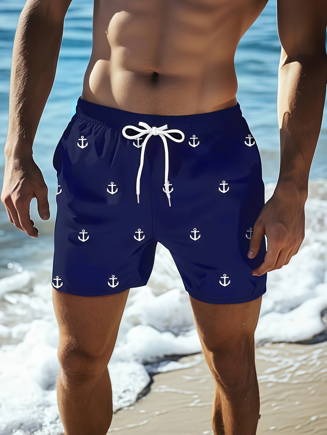 Men'S Plus Size Casual Beach Shorts - Double Layer, Quick-Dry, Drawstring Waist, Print Anchor Design, Red, Perfect for Tropical Vacations & Summer Sports, Beach Short - SeviSa