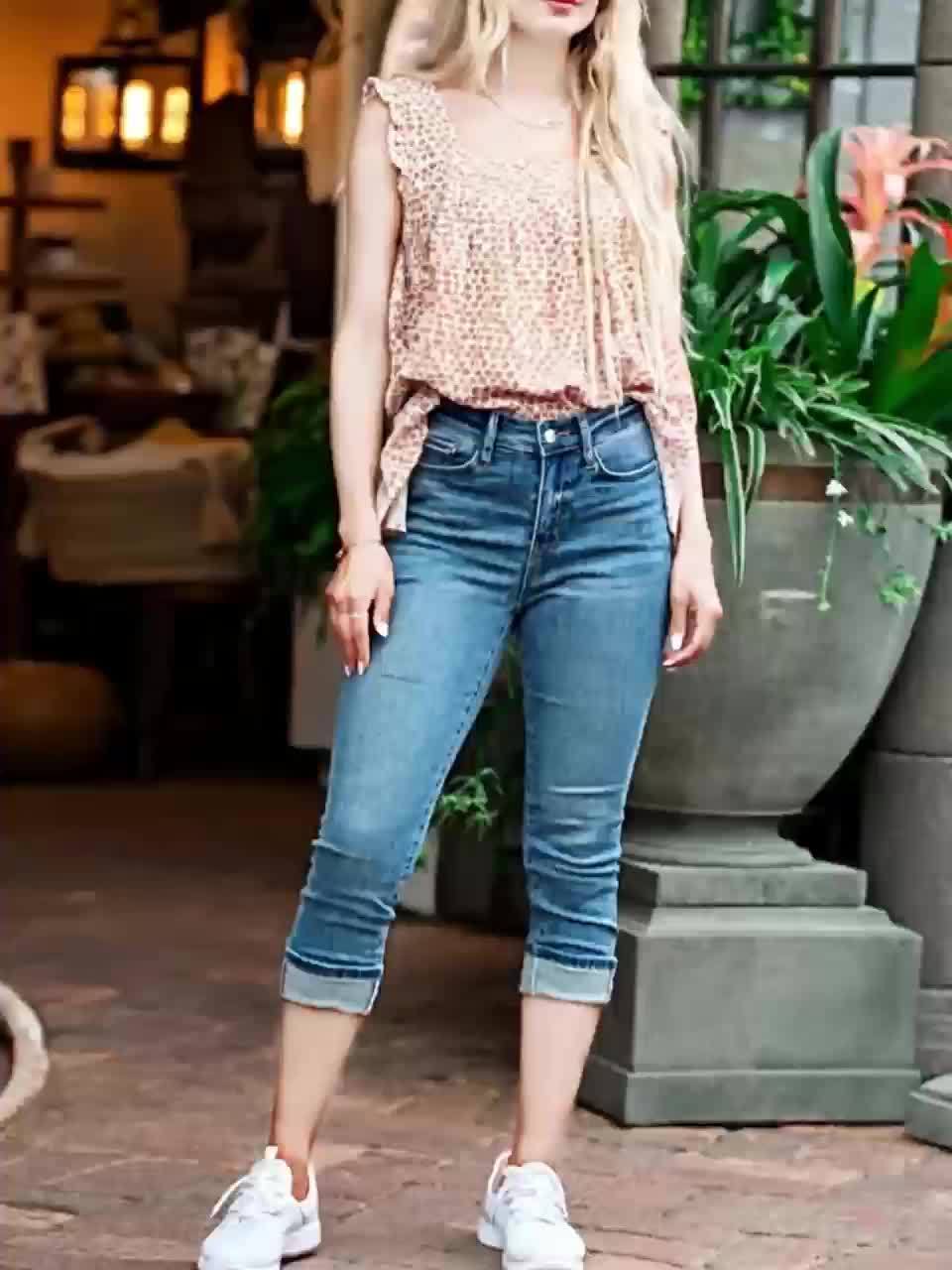Women'S High-Waisted Retro Blue Denim Capri Pants - Stretchy, Button-Front, Straight Leg Mid-Thigh Length for Spring/Summer/Fall, Summer Casual Wear|Vintage Blue Capri Pants|Glossy Fabric - SeviSa