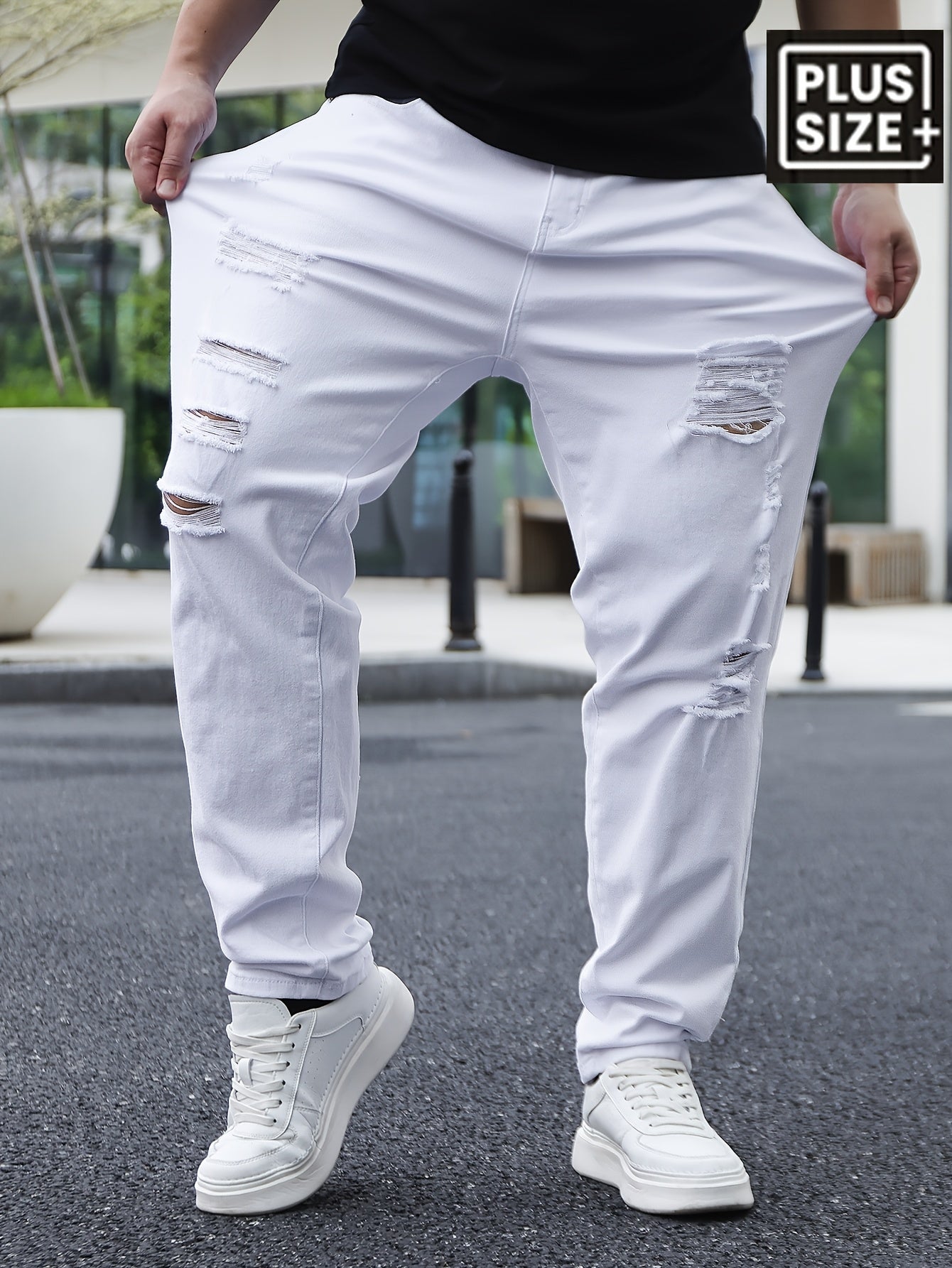 Men'S Plus Size Loose Fit Ripped Jeans, 98% Cotton 2% Elastane, All-Season Solid Color, Medium Stretch, Regular Style, Woven Fabric, 382g/m² - Casual Basics - SeviSa