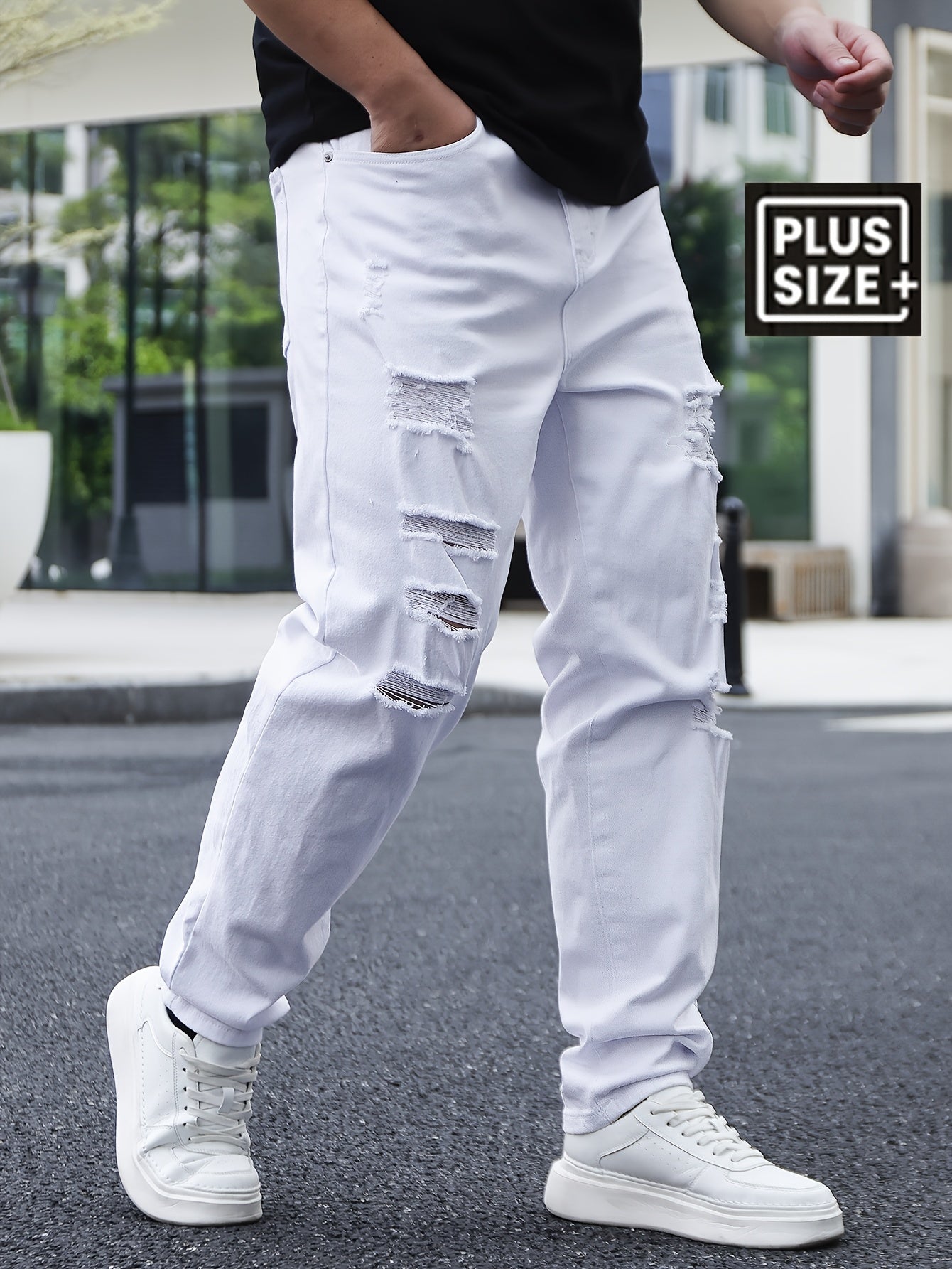 Men'S Plus Size Loose Fit Ripped Jeans, 98% Cotton 2% Elastane, All-Season Solid Color, Medium Stretch, Regular Style, Woven Fabric, 382g/m² - Casual Basics - SeviSa