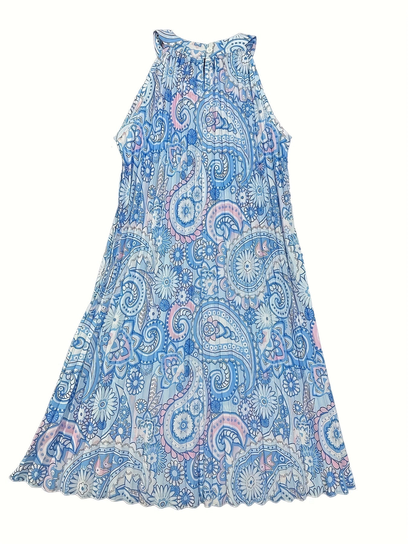 2024 European And American Summer New Geometric Pattern Printed Sleeveless Pleated Off-Shoulder Vacation Style Dress - SeviSa