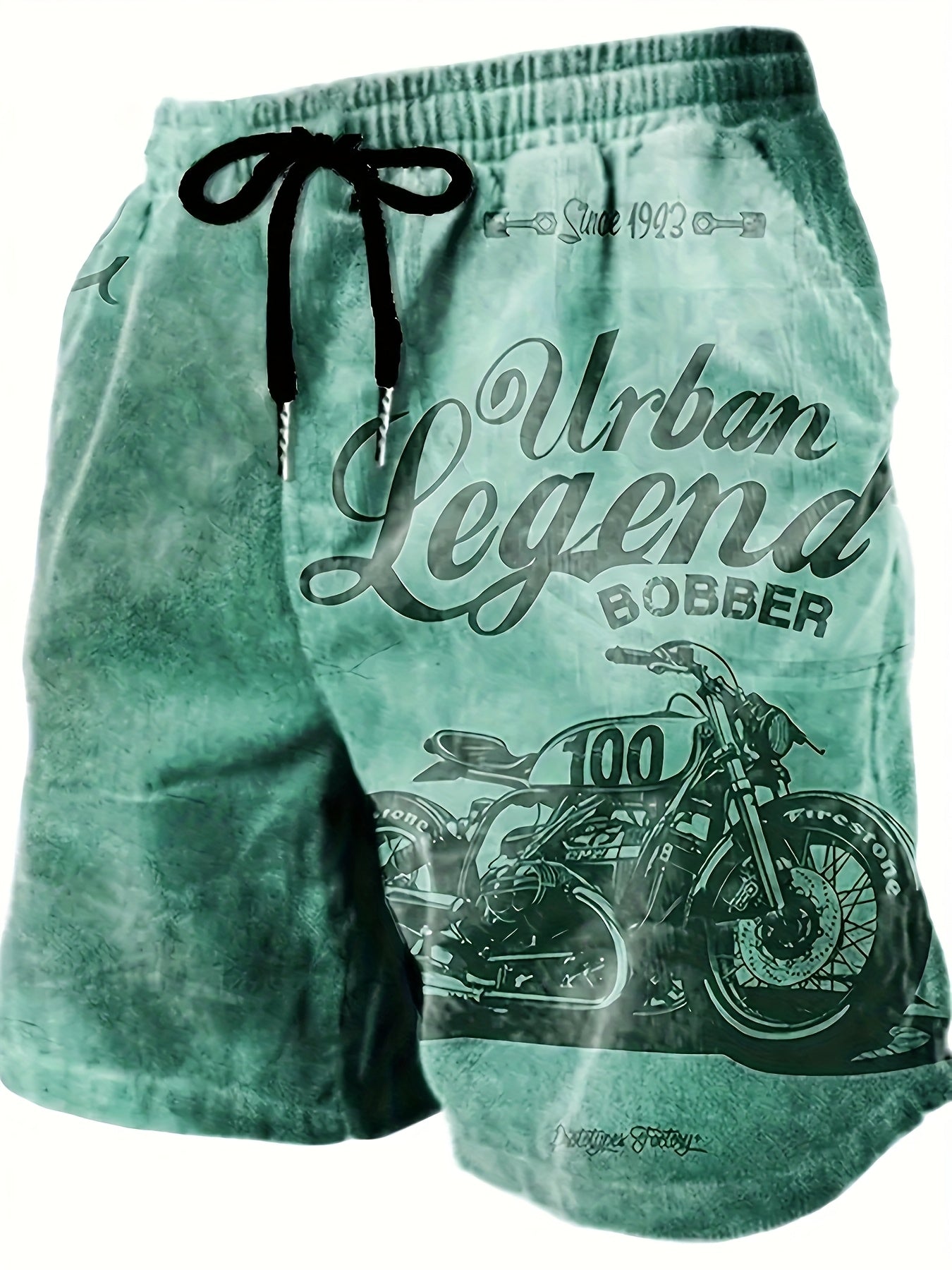 Men's Retro Motorcycle Print Shorts | Urban Legend Bobber | Vintage Biker Graphic | Polyester with Drawstring Waistband | Machine Washable | Casual Summer Wear, Motorcycle Apparel | Retro Bobber Design | Smooth Texture Fabric - SeviSa