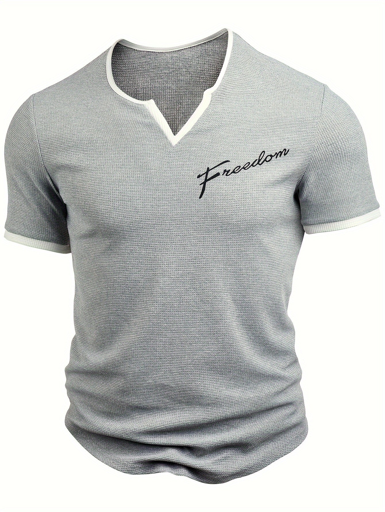 Men's Alphabet Print "FREEDOM" Waffle Knit T-shirt, V-neck And Short Sleeve Tee, Tops Perfect For Summer Fitness And Outdoors Activities - SeviSa
