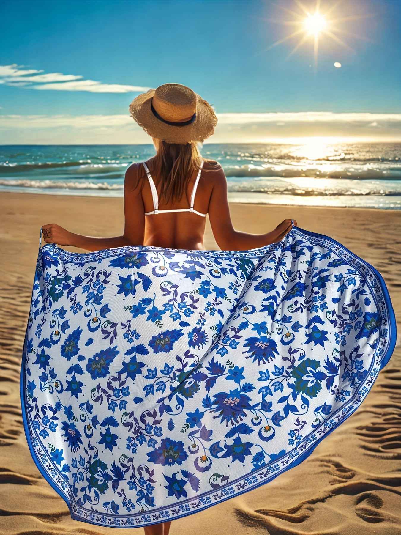Women's Bohemian Floral Print Semi-Sheer Wrap Cover-Up - Lightweight Beach Wrap Skirt with Blue & White Floral Design, Machine Washable for Poolside & Vacation Wear, Summer Coverup, Stylish Beachwear, Soft Fabric