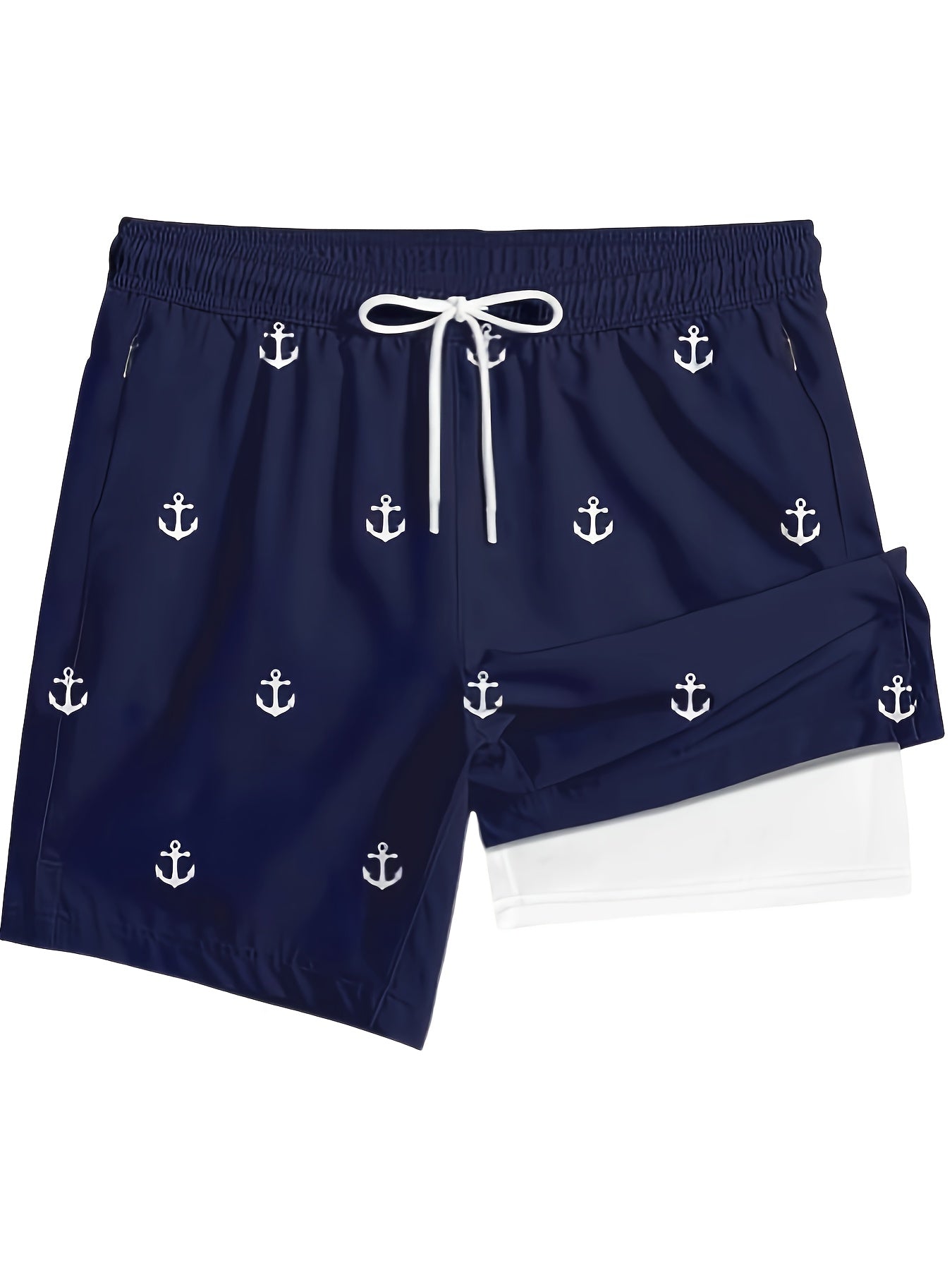 Men'S Plus Size Casual Beach Shorts - Double Layer, Quick-Dry, Drawstring Waist, Print Anchor Design, Red, Perfect for Tropical Vacations & Summer Sports, Beach Short - SeviSa