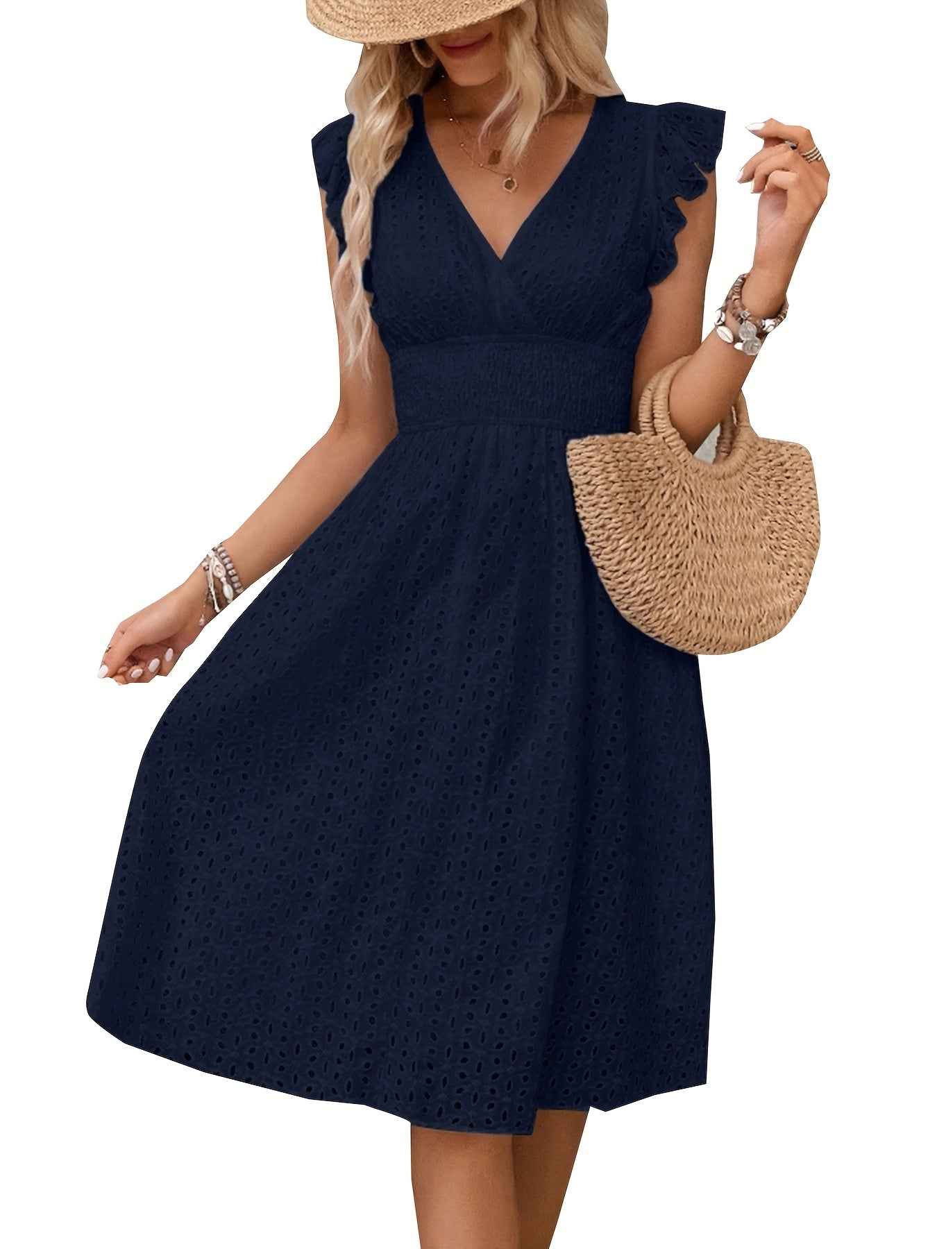 Elegant Ruffle Sleeve V-Neck Dress with Tiered Hem - Navy Blue, Knee-Length, Perfect for Spring & Summer, Women'S Fashion, Casual Elegance | Tiered Hem Dress | Ruffle Sleeve Dress