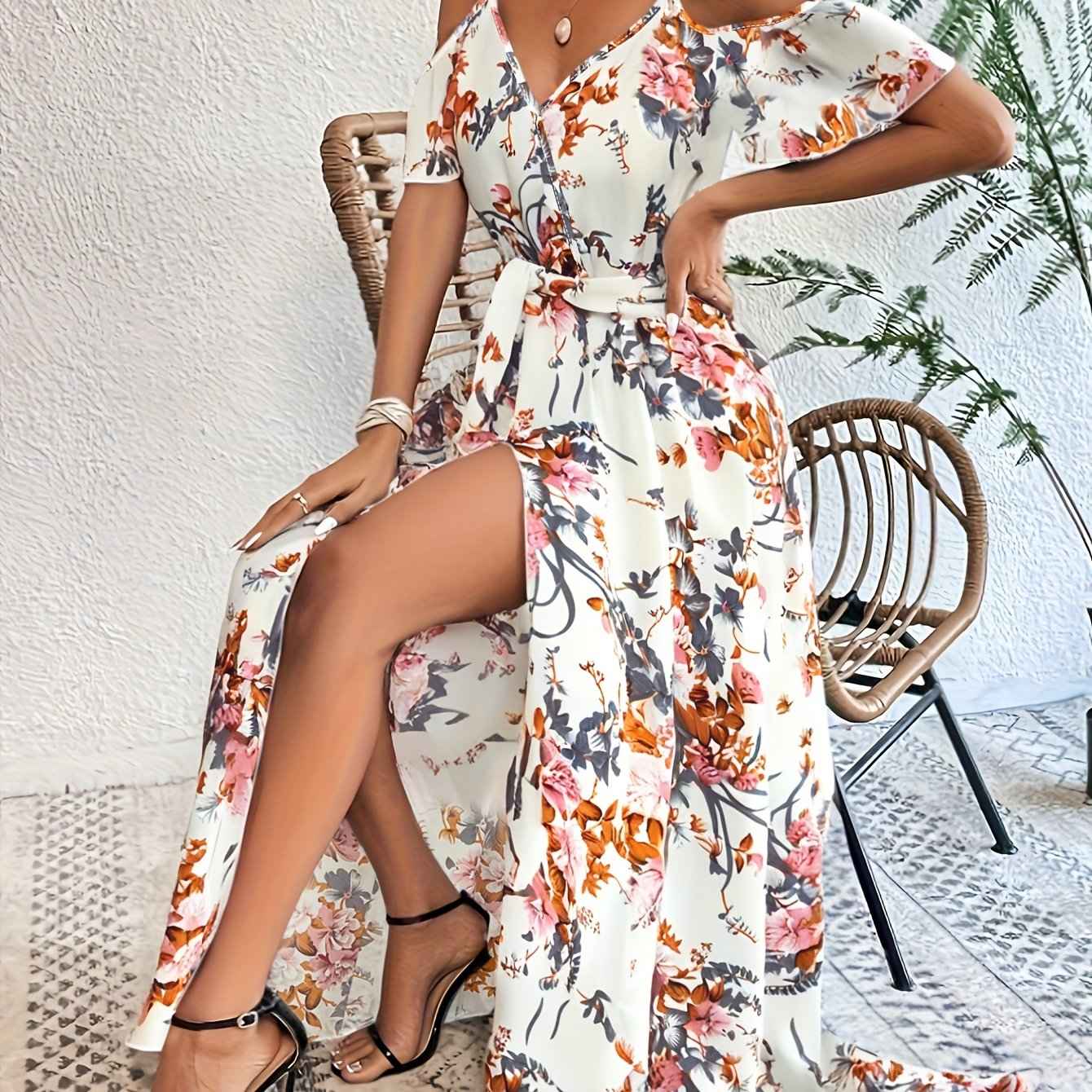 Elegant Floral Print V-Neck Maxi Dress with Tie-Waist and Ruffle Detail - Sleeveless, Flowy A-Line Skirt for Women, Perfect for Summer, Elegant Event Wear|Floral Print Dress|Polyester Fabric