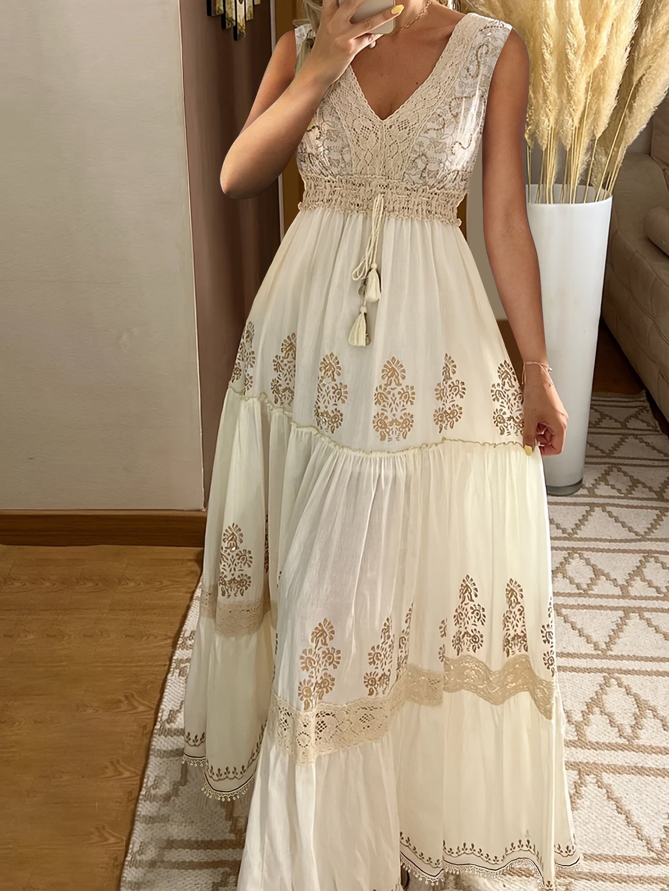 Vintage Floral Lace V-Neck Flare Sleeve Tiered Maxi Dress - Lightweight Breathable Non-Stretch Fabric, Hand Wash Only, Spring Summer Fall Women's Casual & Formal Dress, Lace Dress, Seasonal Fashion, Intricate Embroidery, Vaca - SeviSa