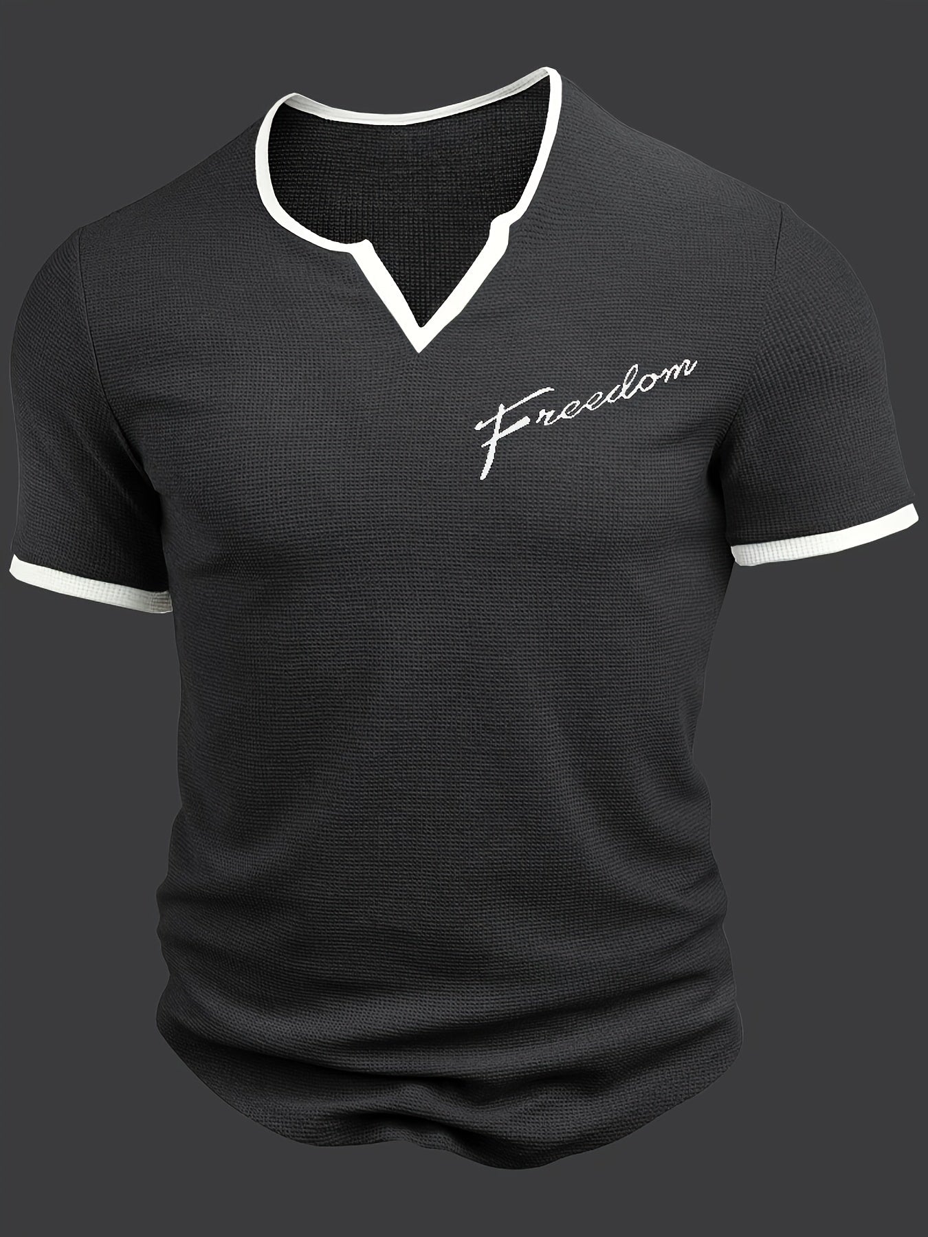 Men's Alphabet Print "FREEDOM" Waffle Knit T-shirt, V-neck And Short Sleeve Tee, Tops Perfect For Summer Fitness And Outdoors Activities - SeviSa