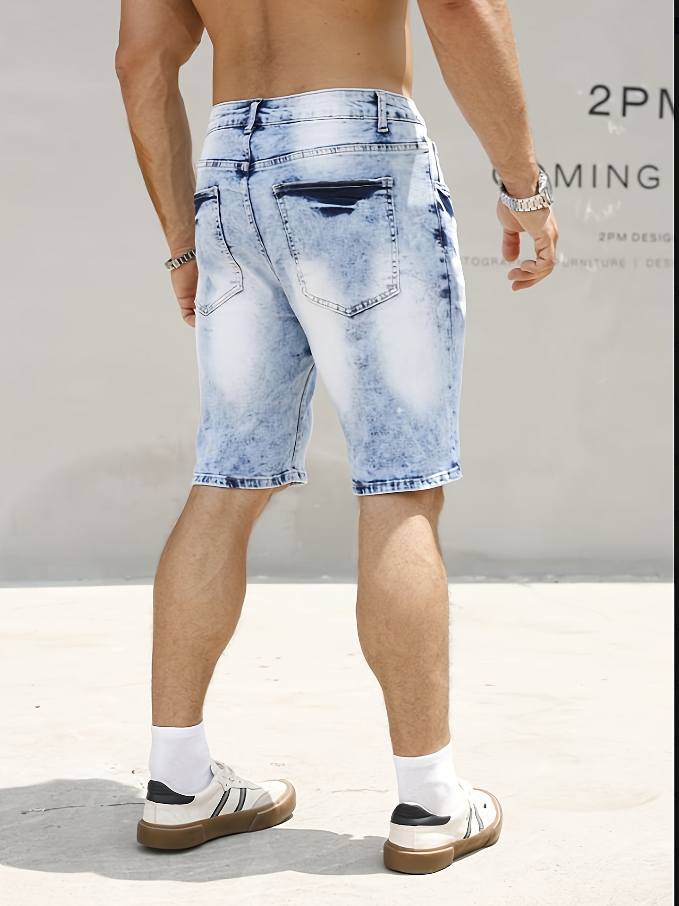 Plus Size Men's Heavy-Distressed Stretch Denim Shorts - Slim Fit Casual Summer Shorts with Pockets, Machine Washable, Blue & White Washed Design, Comfortable Wear, Durable Fabric, PLUS SIZE - SeviSa