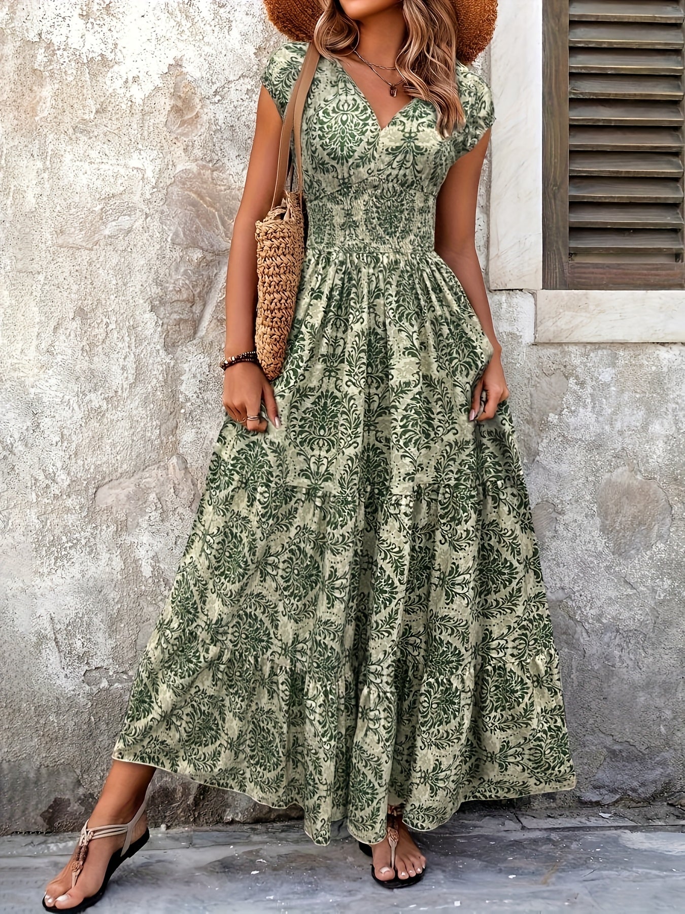 V-Neck Ruffled Hem Maxi Dress - Summer Beach Skirt with Floral Print, Cinched Waist & Flared Skirt, Lightweight Polyester for Adults, Beach Dresses - SeviSa