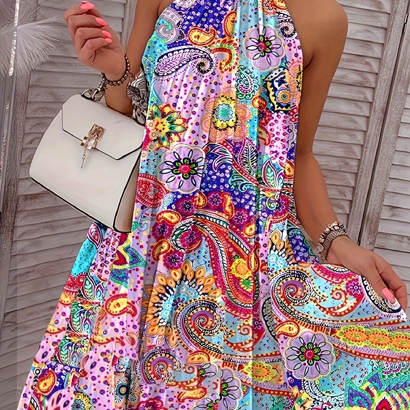 2024 European And American Summer New Geometric Pattern Printed Sleeveless Pleated Off-Shoulder Vacation Style Dress - SeviSa