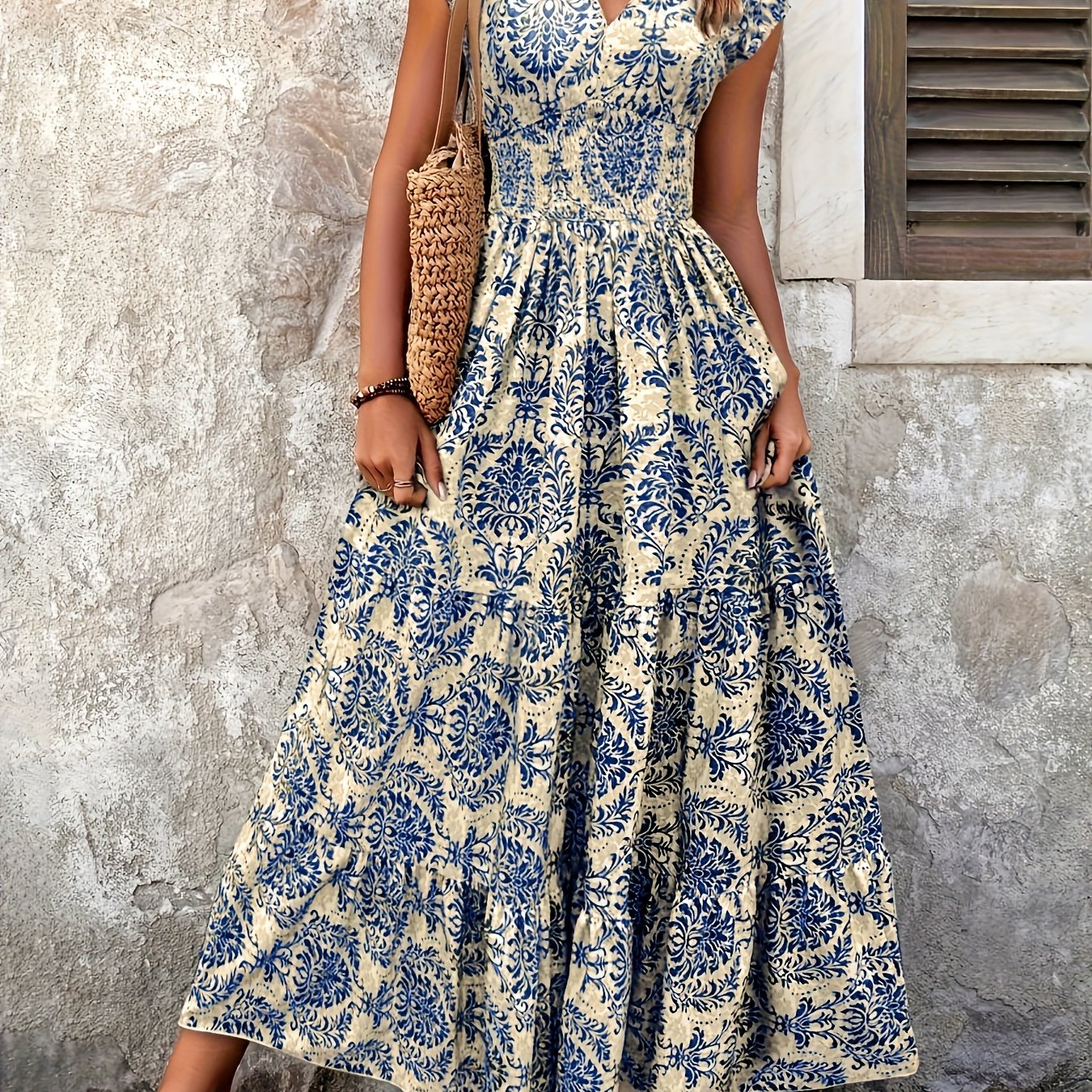 V-Neck Ruffled Hem Maxi Dress - Summer Beach Skirt with Floral Print, Cinched Waist & Flared Skirt, Lightweight Polyester for Adults, Beach Dresses - SeviSa