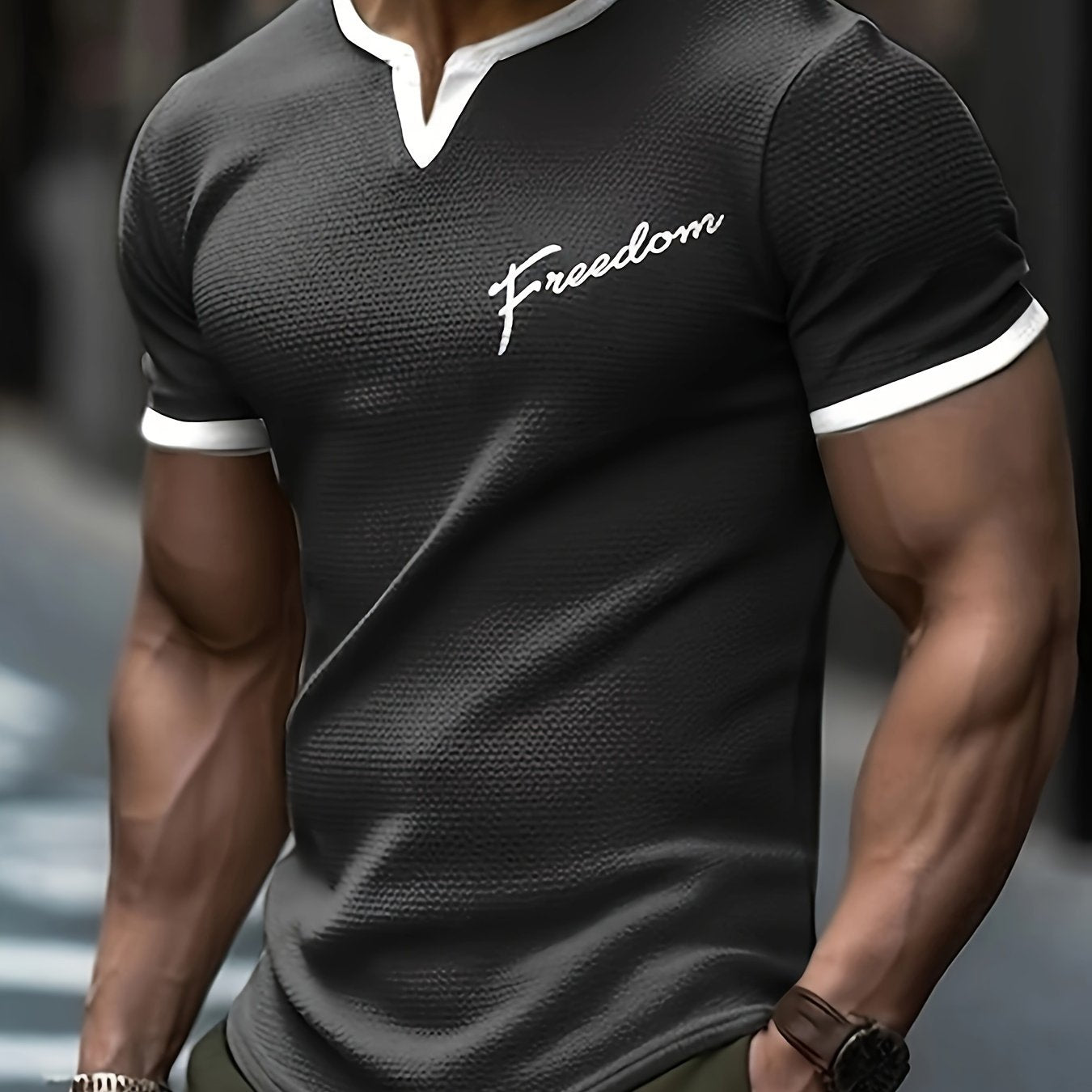 Men's Alphabet Print "FREEDOM" Waffle Knit T-shirt, V-neck And Short Sleeve Tee, Tops Perfect For Summer Fitness And Outdoors Activities - SeviSa