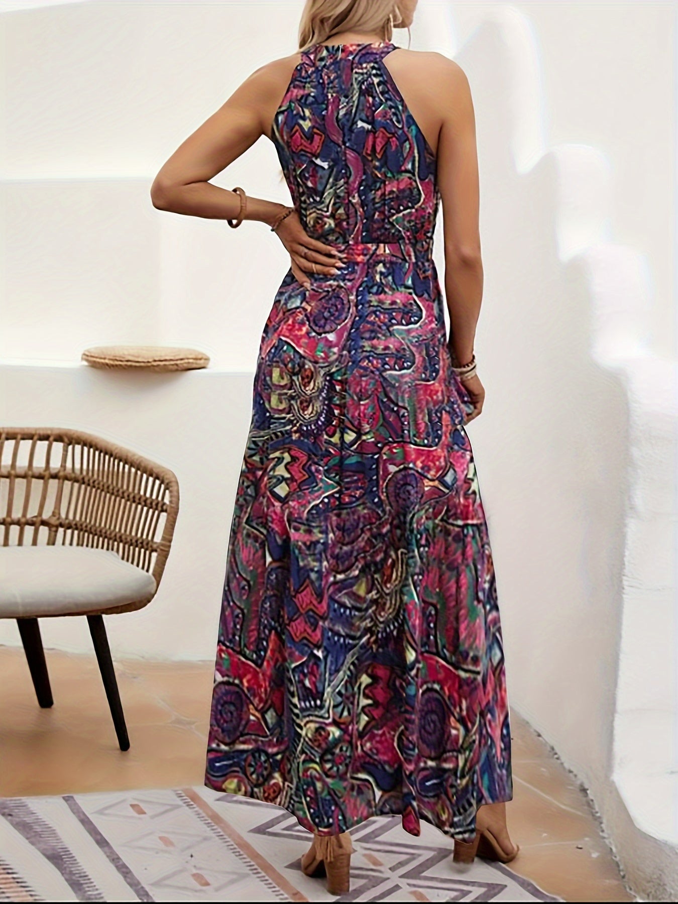 Elegant Bohemian Maxi Dress with Lace-Up Detail - High-Waisted, Sleeveless, Floral Print, Light Brown and Blue, Perfect for Adult Women, All-Season Versatile, Adult Women'S Dress|Floral Print Dress|Laceup Detail - SeviSa