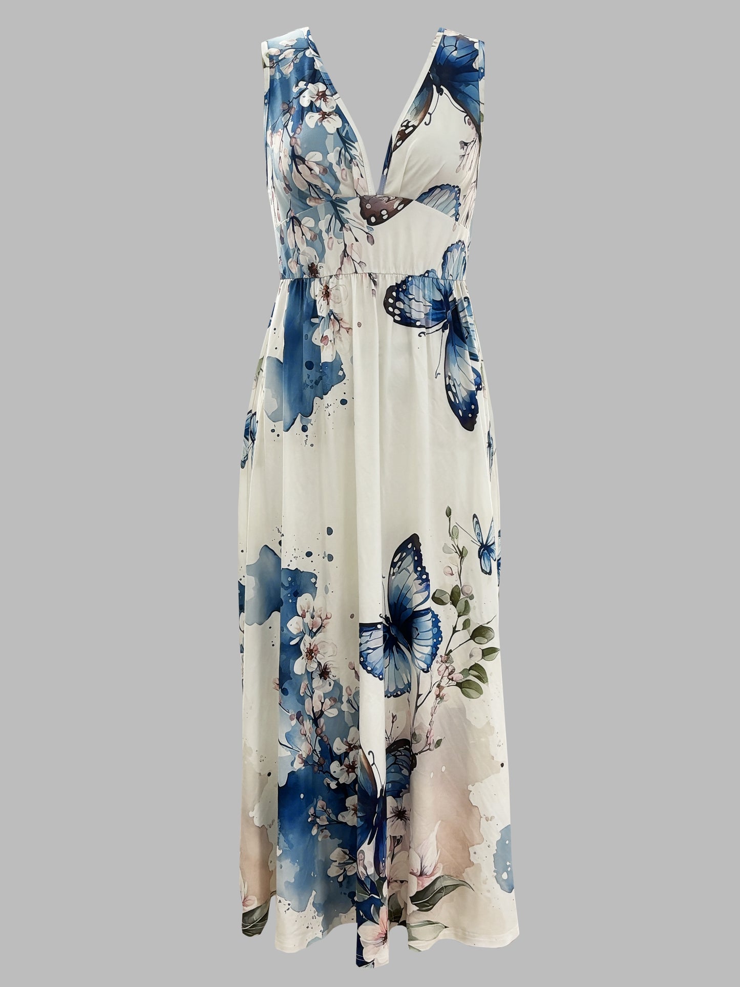 Women's Floral & Butterfly Print V-Neck Sleeveless Dress - Fitted Top & Flowy Skirt, Breathable All-Season Casual Outdoor Dress, Machine Washable, Seasonal Fashion, Sophisticated Casual, Comfortable Fit - SeviSa