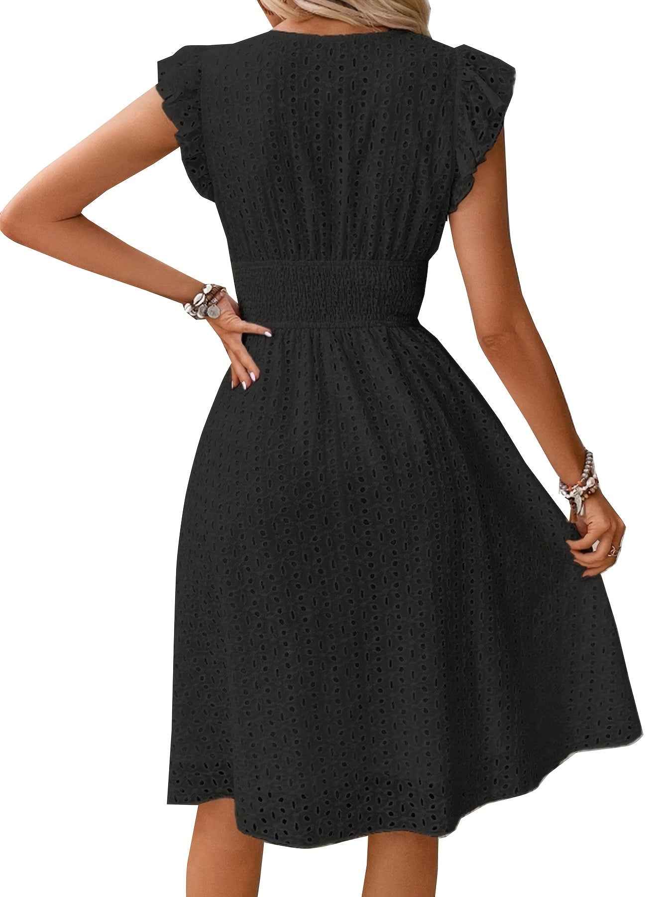 Elegant Ruffle Sleeve V-Neck Dress with Tiered Hem - Navy Blue, Knee-Length, Perfect for Spring & Summer, Women'S Fashion, Casual Elegance | Tiered Hem Dress | Ruffle Sleeve Dress