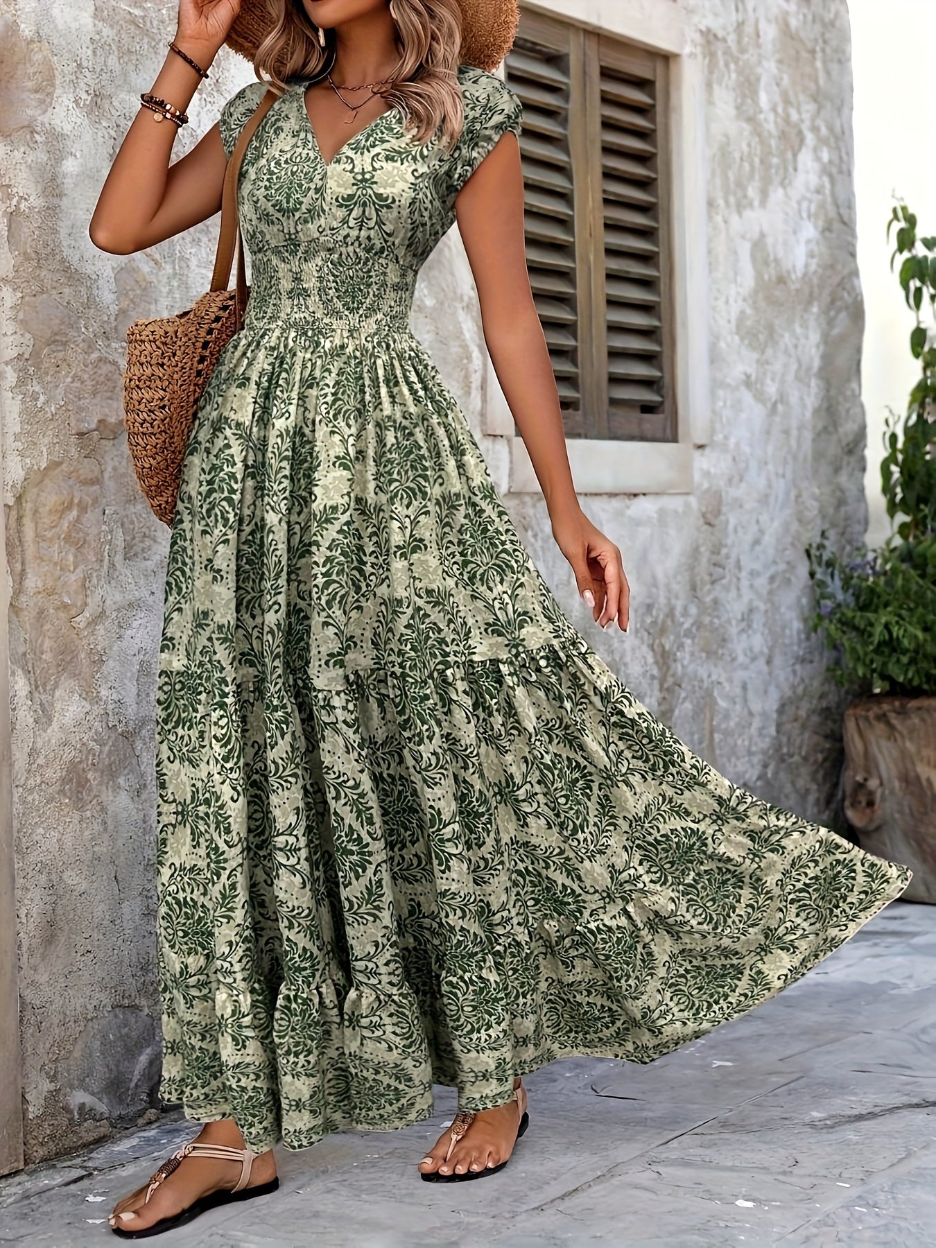 V-Neck Ruffled Hem Maxi Dress - Summer Beach Skirt with Floral Print, Cinched Waist & Flared Skirt, Lightweight Polyester for Adults, Beach Dresses - SeviSa