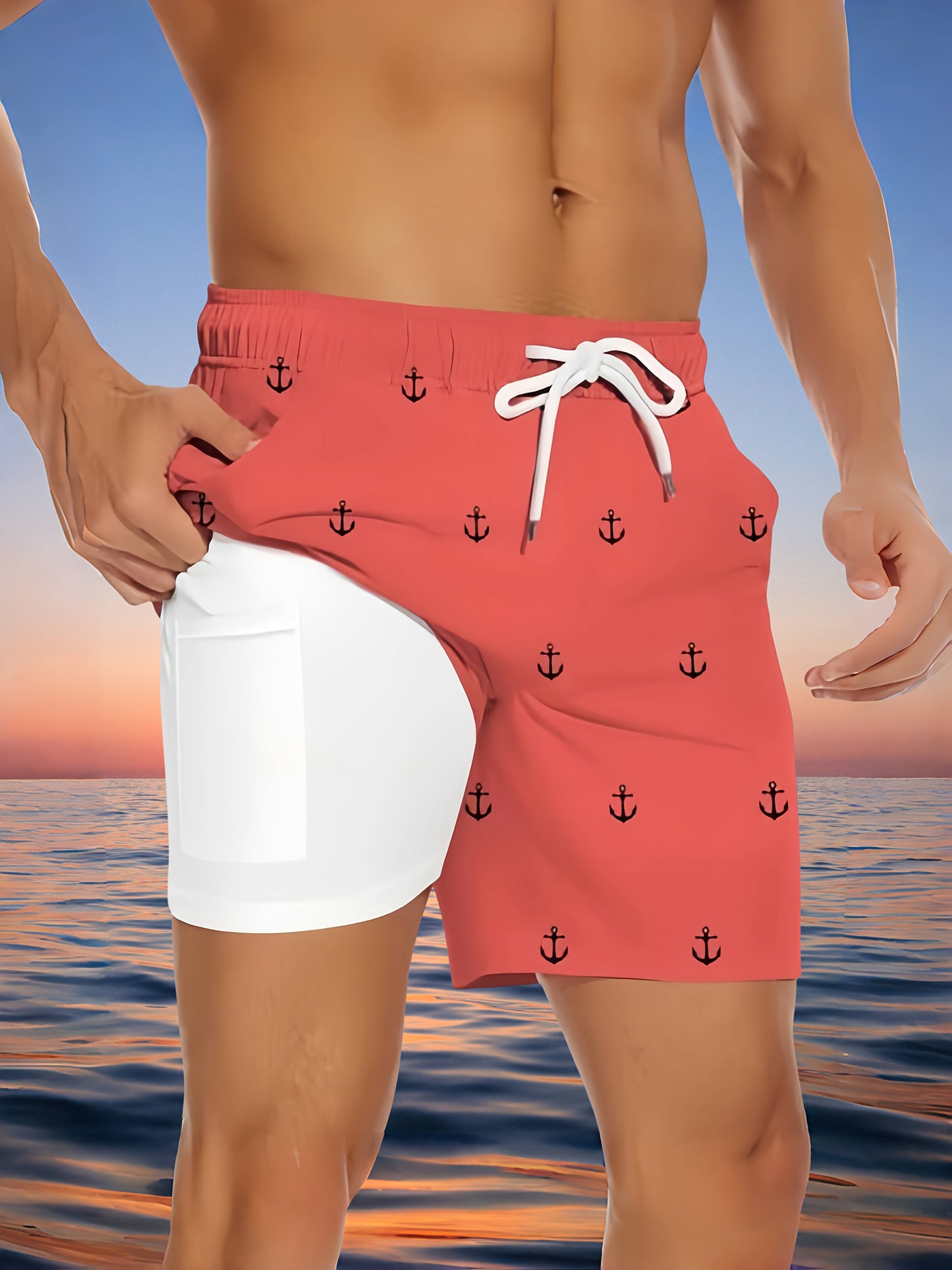 Men'S Plus Size Casual Beach Shorts - Double Layer, Quick-Dry, Drawstring Waist, Print Anchor Design, Red, Perfect for Tropical Vacations & Summer Sports, Beach Short - SeviSa