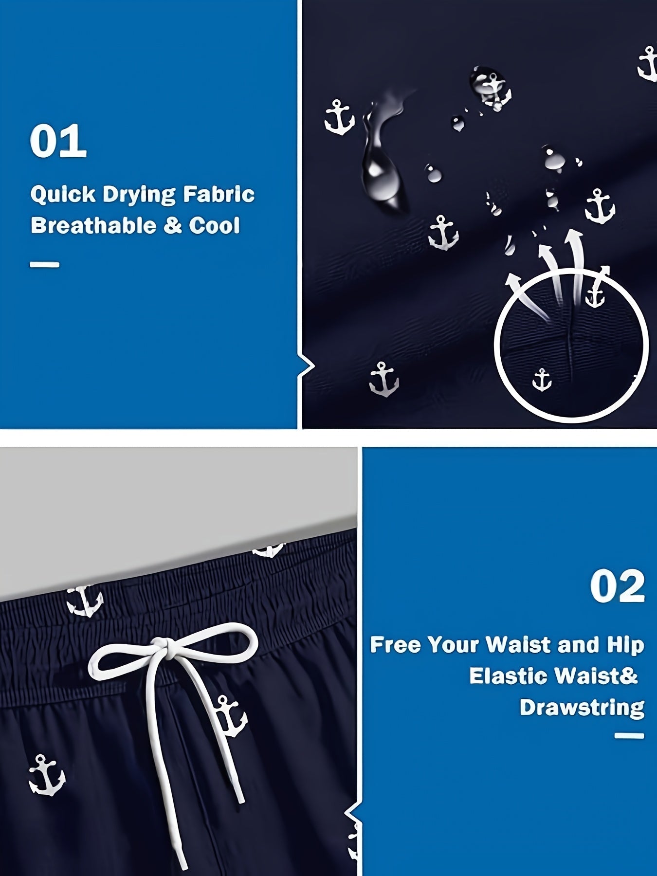 Men'S Plus Size Casual Beach Shorts - Double Layer, Quick-Dry, Drawstring Waist, Print Anchor Design, Red, Perfect for Tropical Vacations & Summer Sports, Beach Short - SeviSa