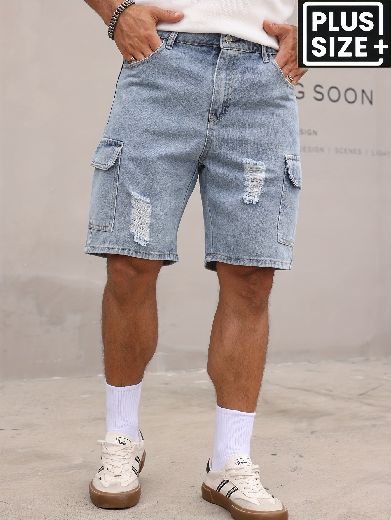 Men's Relaxed Fit Denim Cargo Shorts with Elastic Waistband & Side Pockets - Machine Washable Casual Workwear Style, Solid Color Loose Comfort for Casual Attire, Denim Shorts, Outdoor Activities, Utility Style, Sturdy Constru - SeviSa