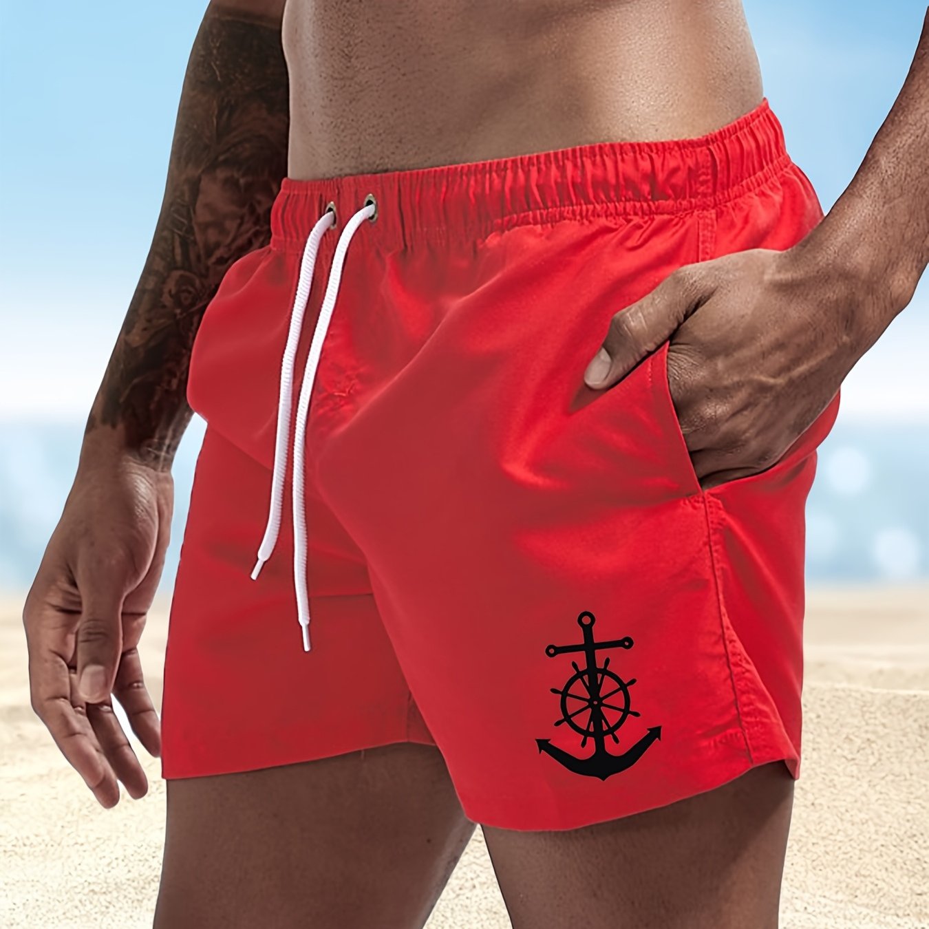 Men's Quick-Dry Swim Shorts - Navy Blue Board Shorts with Anchor design, Elastic Drawstring Waist - Lightweight Beach Swim Trunks for Surfing, Swimming, Gym, Vacation - Fast-Drying Quick Suit for Ocean & Pool Activities, Swim - SeviSa