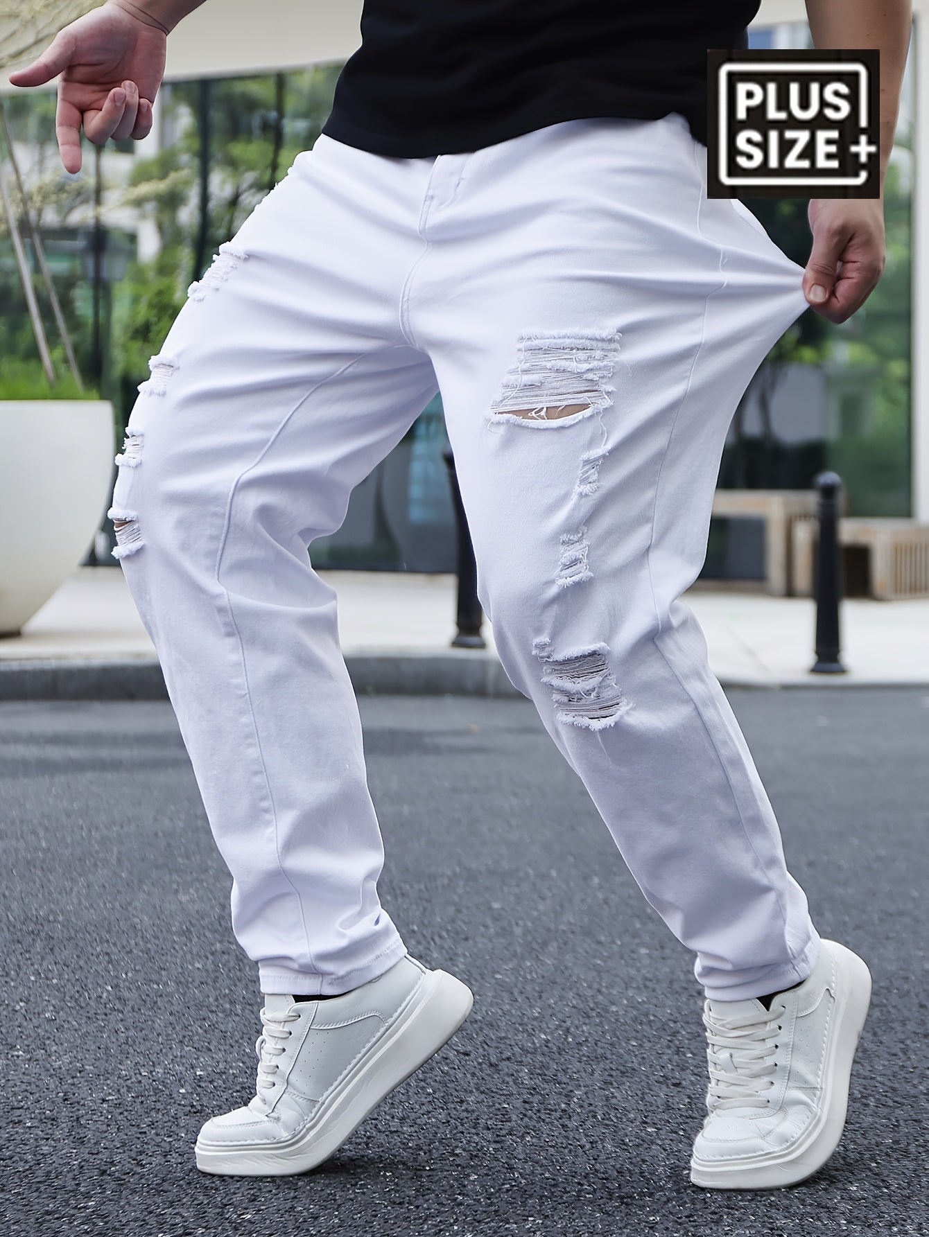 Men'S Plus Size Loose Fit Ripped Jeans, 98% Cotton 2% Elastane, All-Season Solid Color, Medium Stretch, Regular Style, Woven Fabric, 382g/m² - Casual Basics - SeviSa