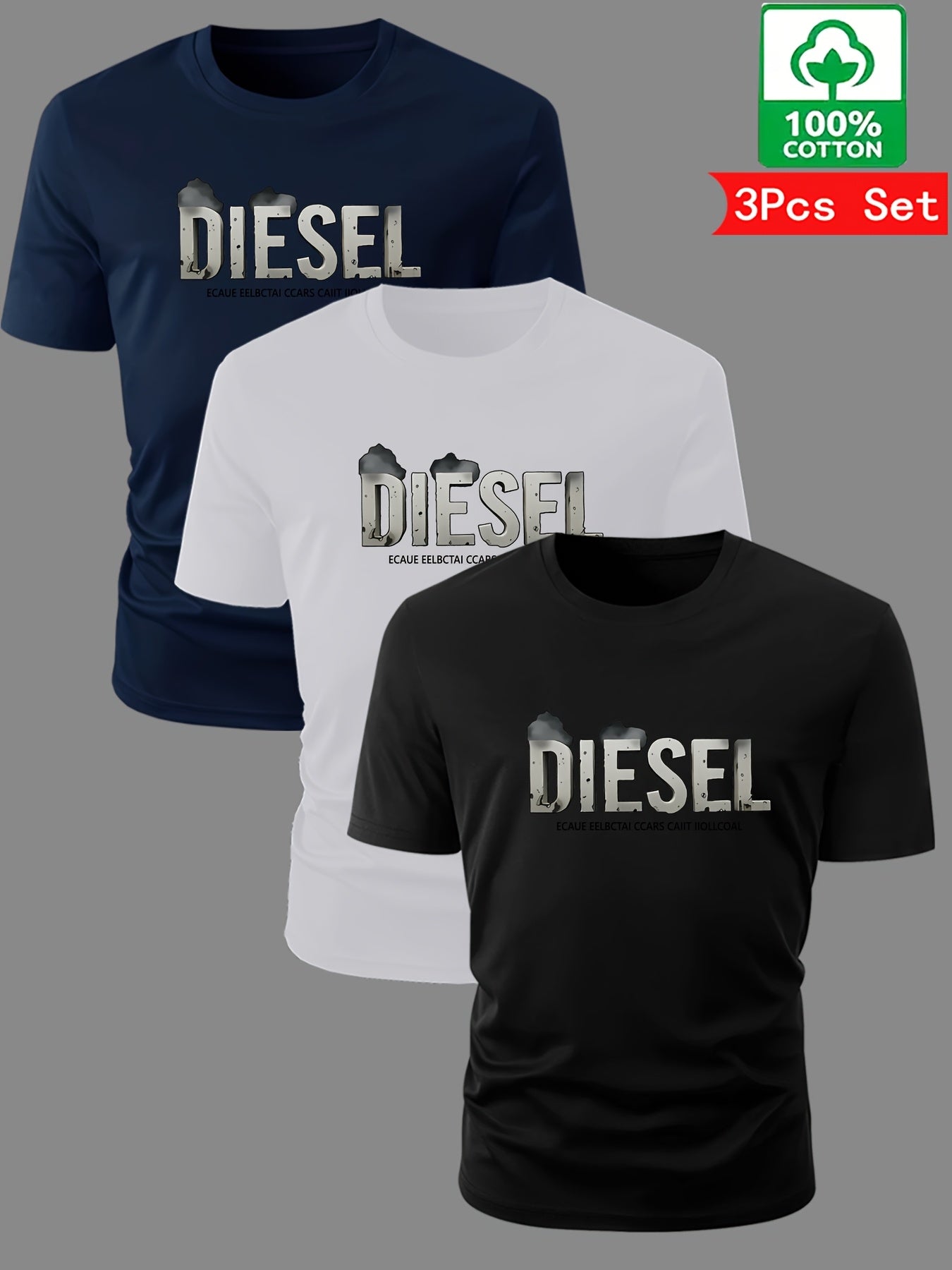3pcs Men'S Diesel Graphic T-Shirts - 100% Cotton Breathable Summer Short Sleeve Tops, Regular Fit Round Neck Casual Tees with Bold Diesel Logo for Outdoor & Casual Attire, Machine Washable, Everyday Tshirt, Bold Graphic Tee, - SeviSa