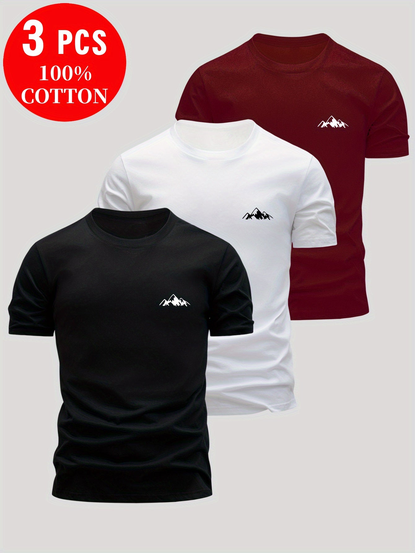 3pcs Men's 100% Cotton Slim Fit T-Shirts - Soft Breathable Short Sleeve Crew Neck Tees with Minimalist Letter Print, Black/White/Navy Blue for Summer Casual Wear, Everyday Comfort, Skinfriendly Fabric - SeviSa