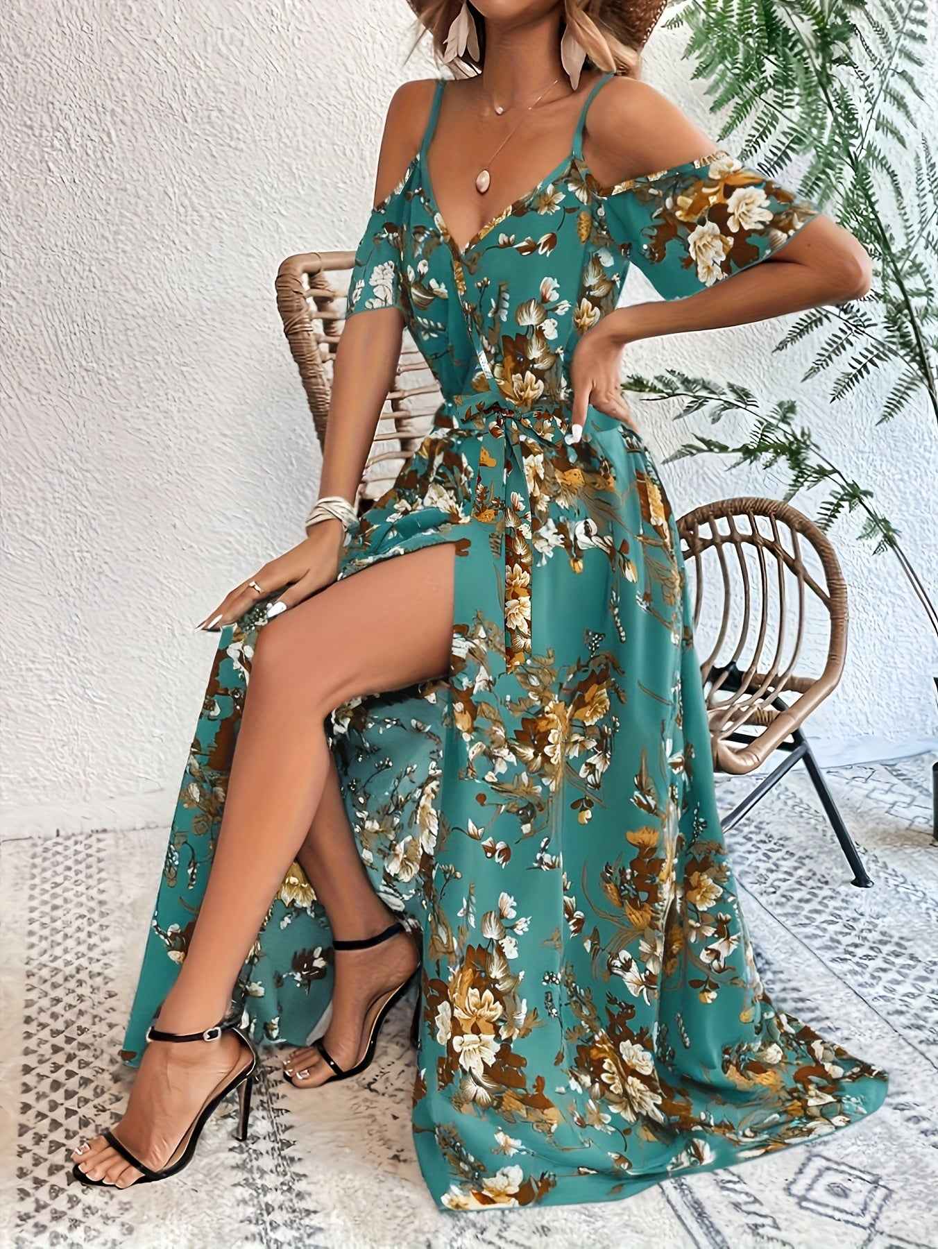 Elegant Floral Print V-Neck Maxi Dress with Tie-Waist and Ruffle Detail - Sleeveless, Flowy A-Line Skirt for Women, Perfect for Summer, Elegant Event Wear|Floral Print Dress|Polyester Fabric