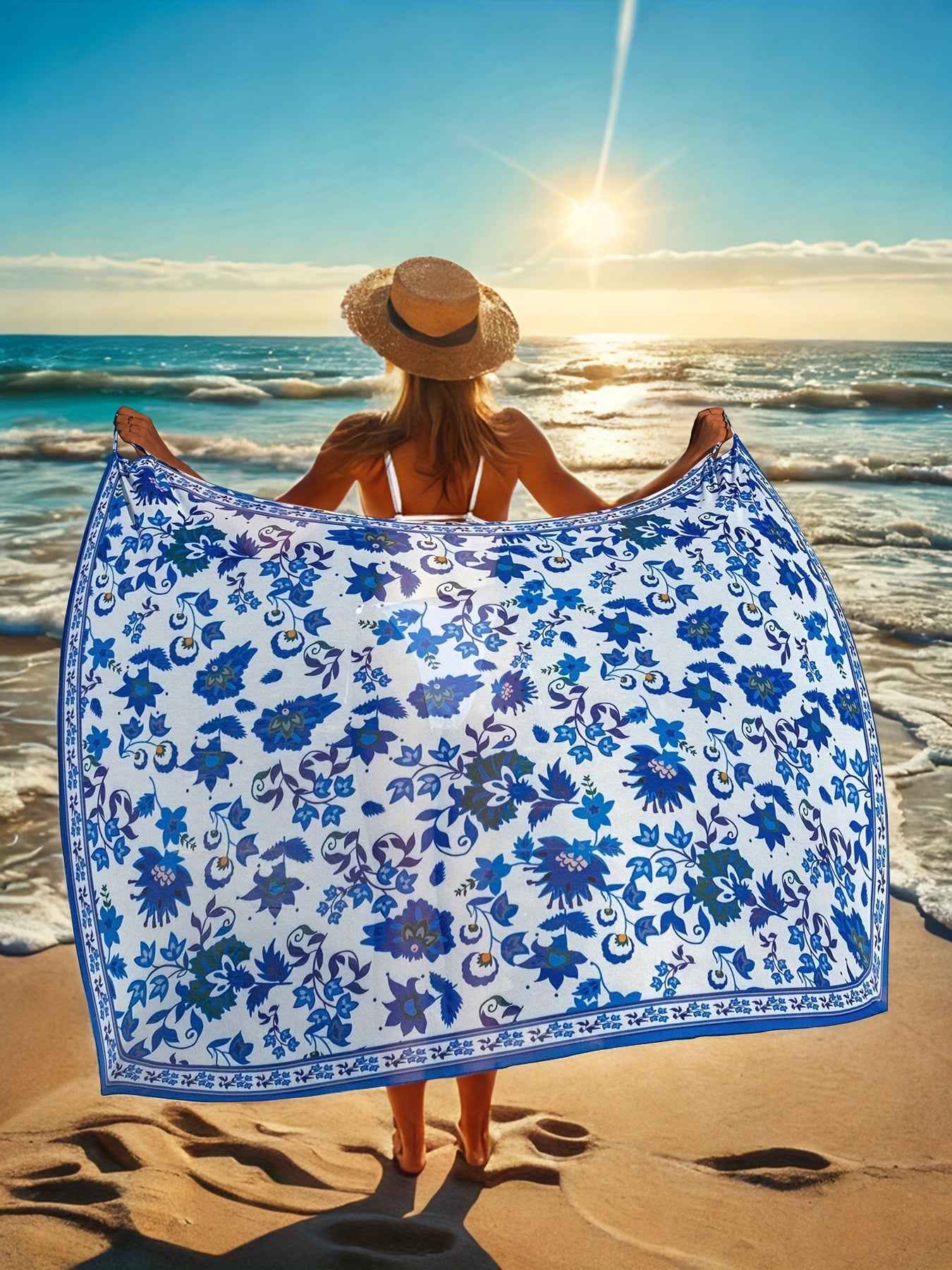 Women's Bohemian Floral Print Semi-Sheer Wrap Cover-Up - Lightweight Beach Wrap Skirt with Blue & White Floral Design, Machine Washable for Poolside & Vacation Wear, Summer Coverup, Stylish Beachwear, Soft Fabric